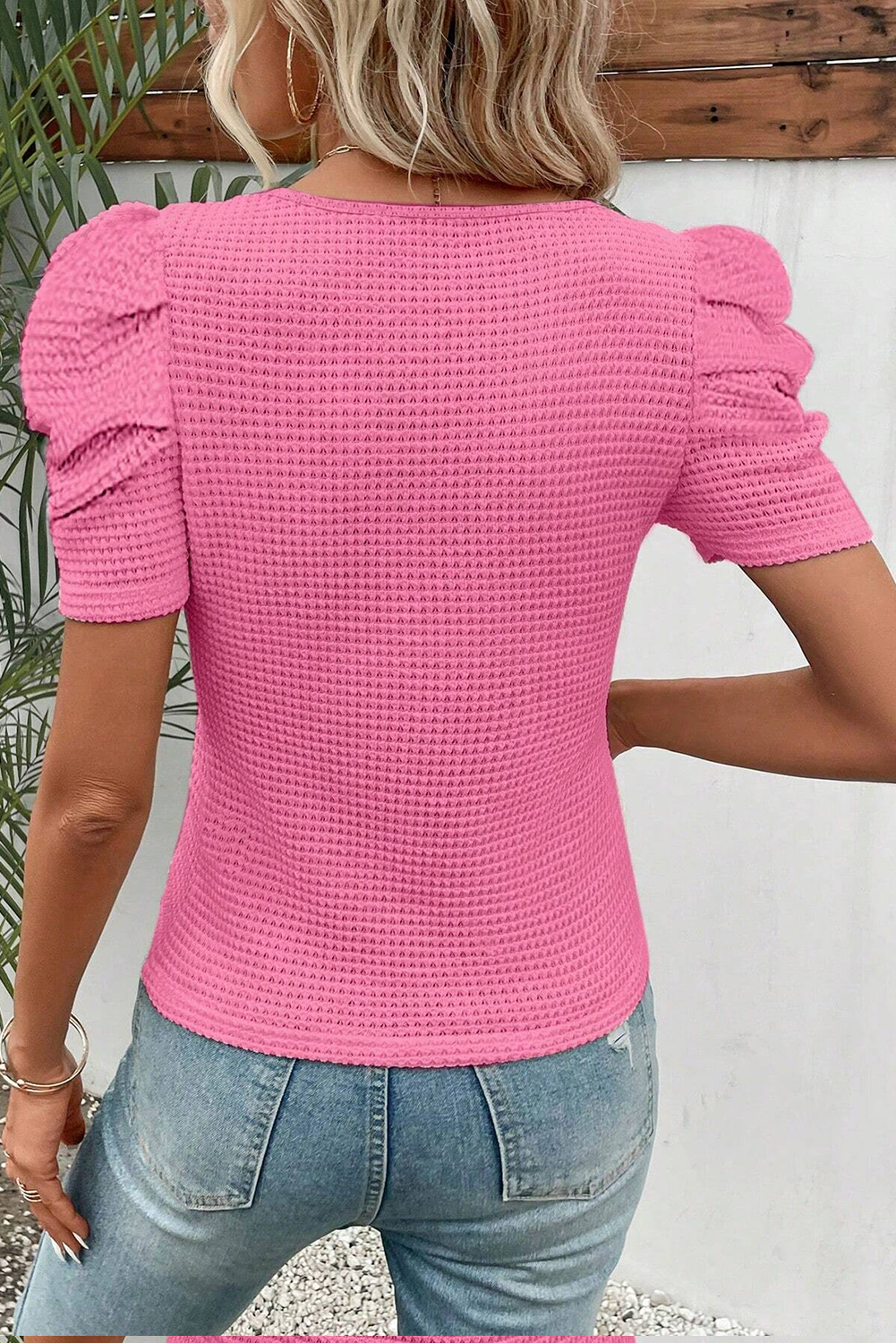 Bright Pink Waffle Knit Ruched Puff Sleeve Top-Sale (50% OFF)/30% OFF-[Adult]-[Female]-2022 Online Blue Zone Planet