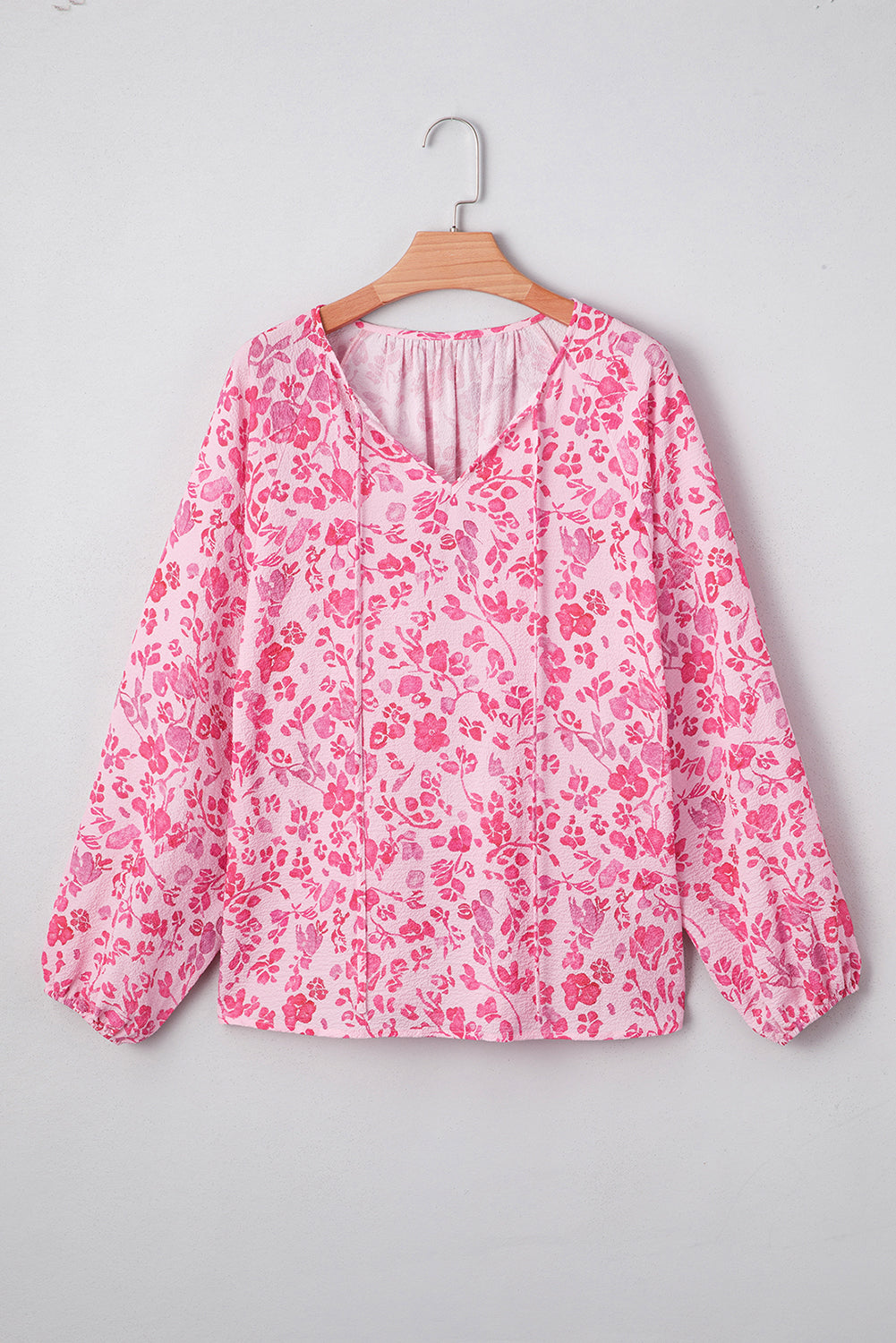 Pink Floral Puff Sleeve Split Neck Lightweight Blouse-Tops/Blouses & Shirts-[Adult]-[Female]-2022 Online Blue Zone Planet