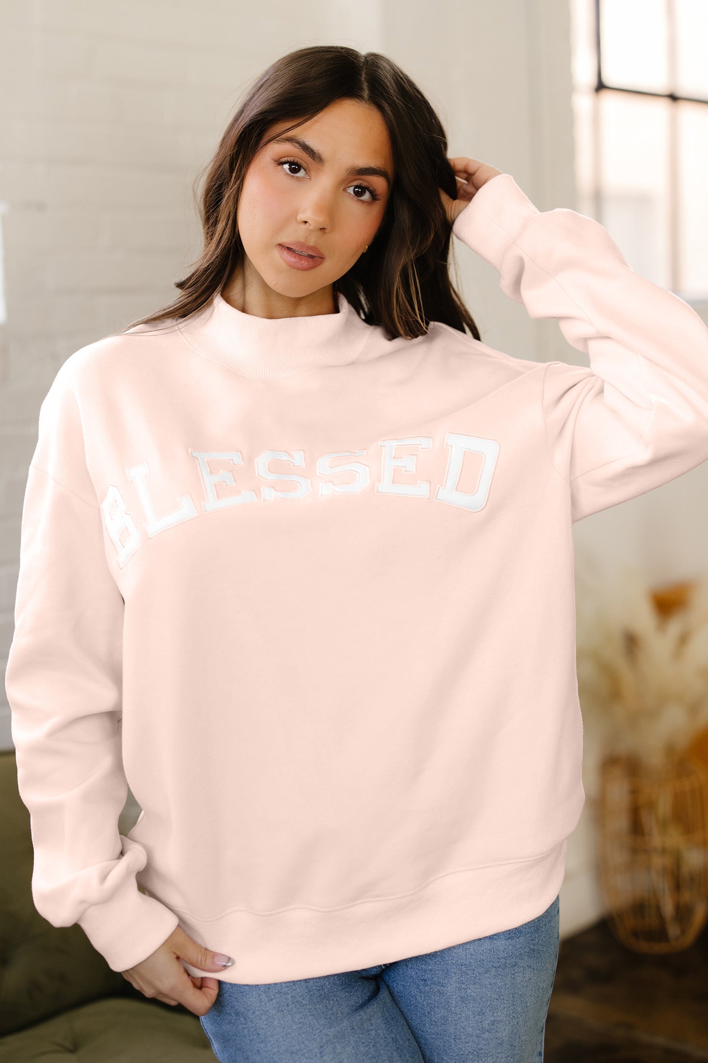 Light Pink Oversize Blessed Embroidered Mock Neck Sweatshirt-Tops/Sweatshirts & Hoodies-[Adult]-[Female]-2022 Online Blue Zone Planet