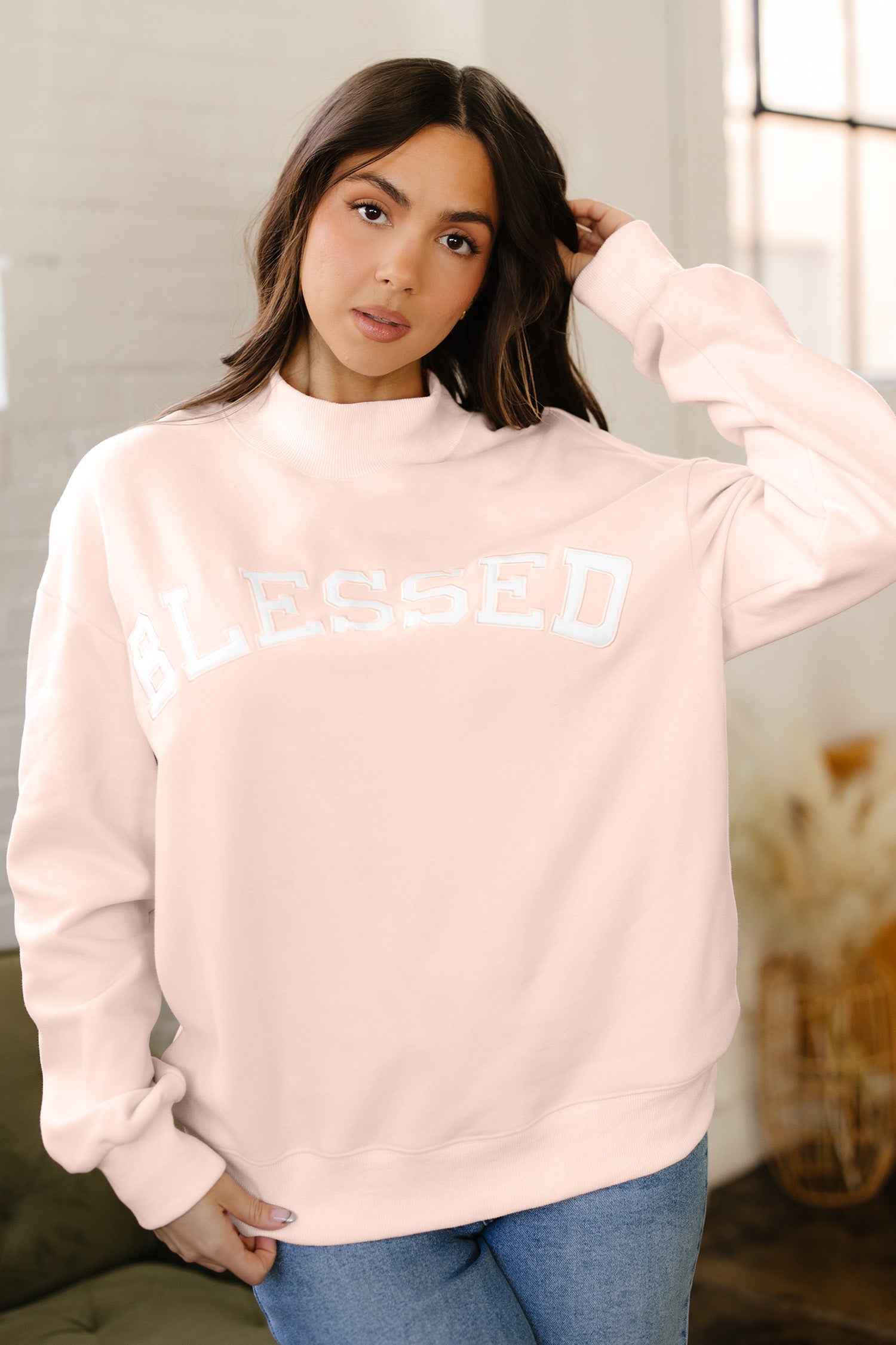 Light Pink Oversize Blessed Embroidered Mock Neck Sweatshirt-Tops/Sweatshirts & Hoodies-[Adult]-[Female]-2022 Online Blue Zone Planet