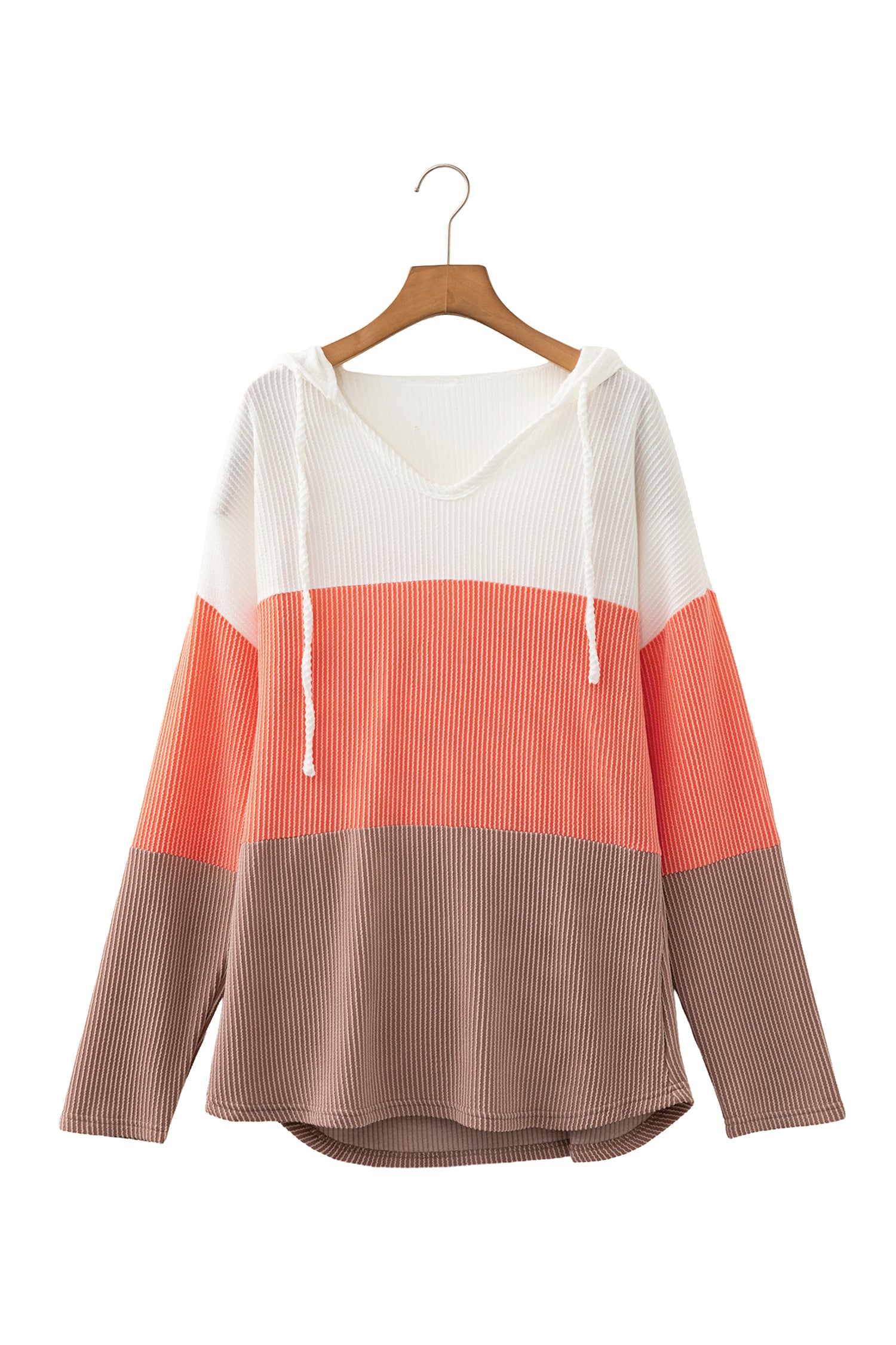 Gold Flame Ribbed Colorblock Hooded Pullover Long Sleeve Top-Tops / Dresses-[Adult]-[Female]-2022 Online Blue Zone Planet