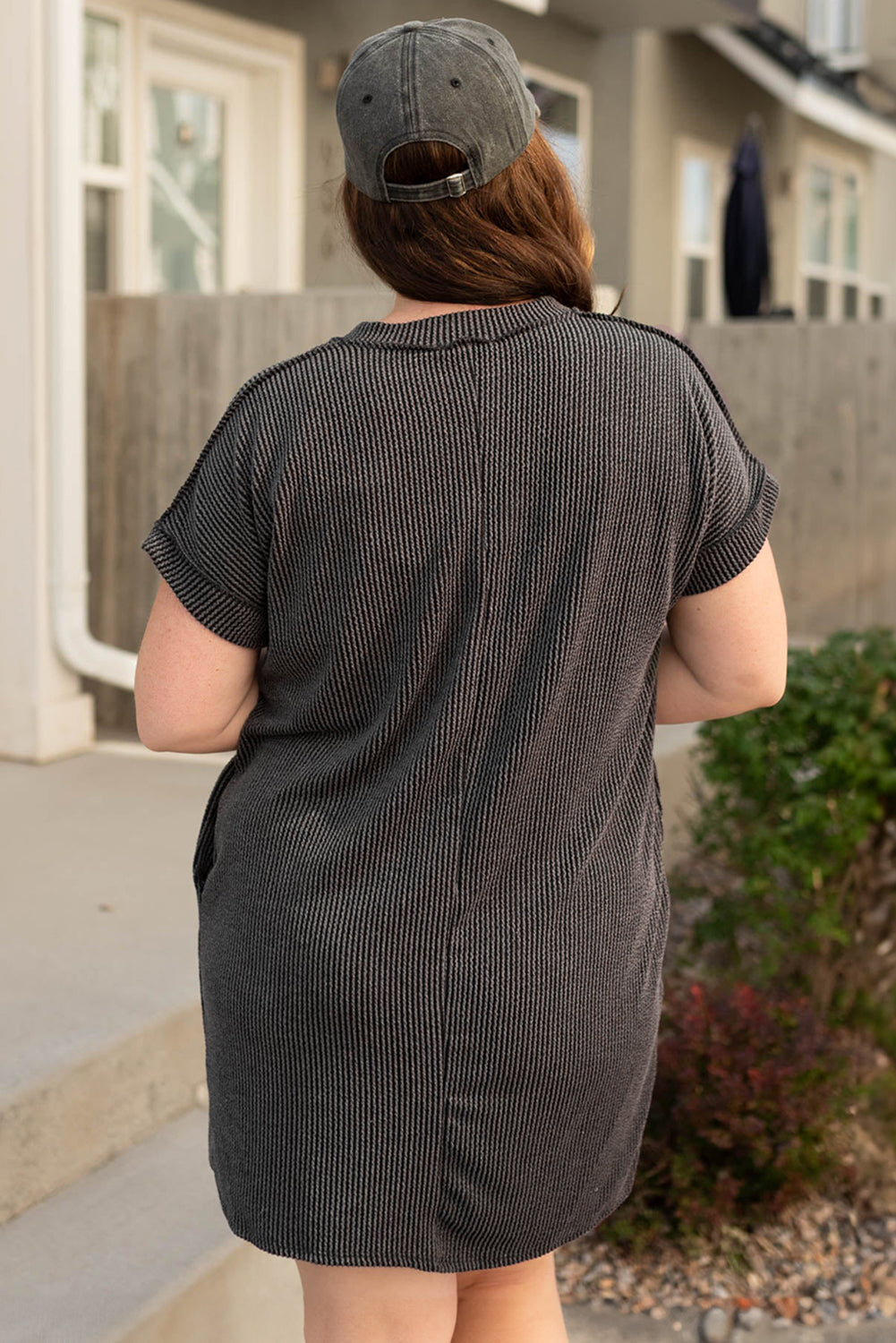 Carbon Grey Corded V Neck Plus Size T Shirt Dress with Pockets-Plus Size/Plus Size Dresses/Plus Size Mini Dresses-[Adult]-[Female]-2022 Online Blue Zone Planet