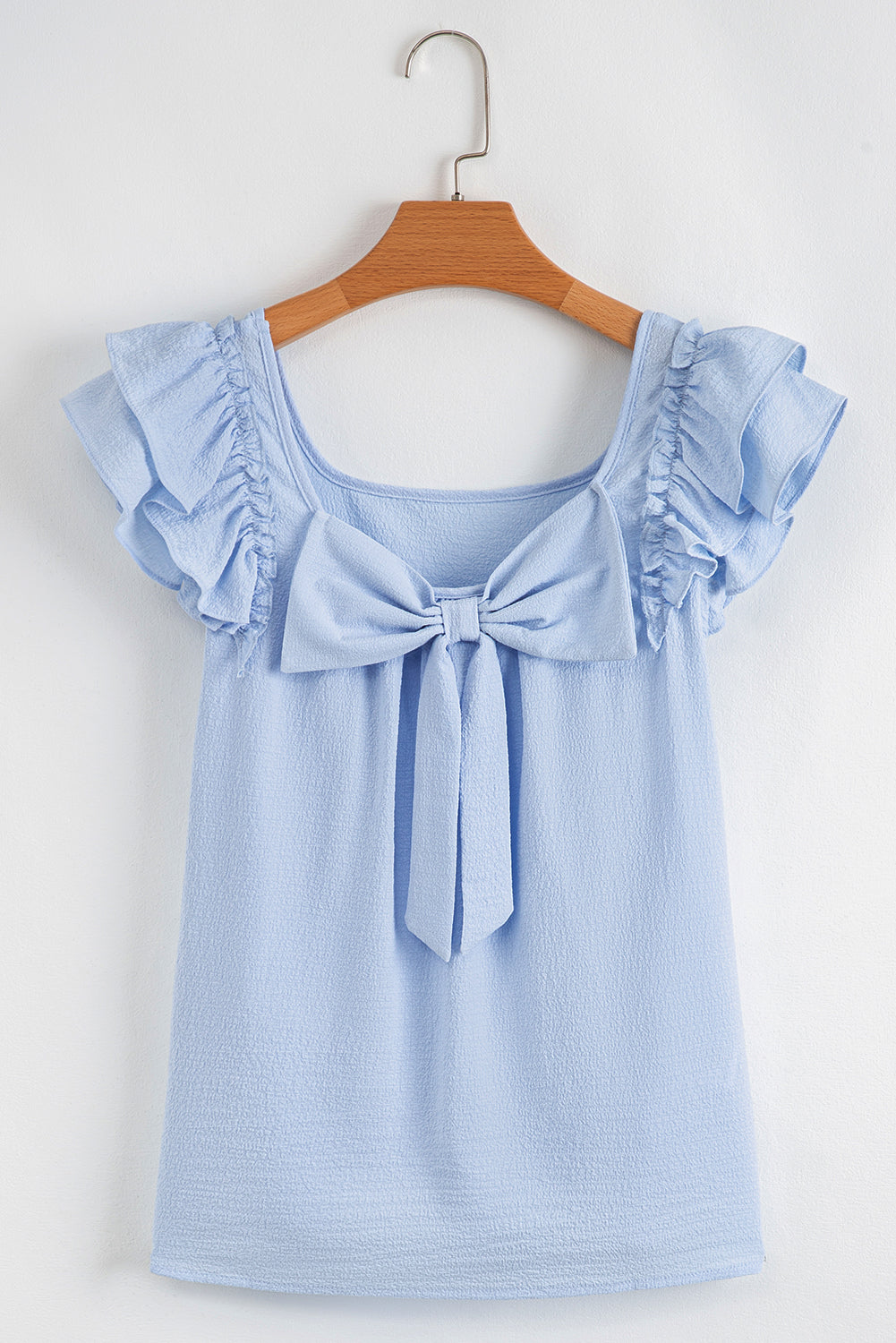 Beau Blue Textured Bow Knot Frilled Butterfly Sleeve Blouse-Tops/Blouses & Shirts-[Adult]-[Female]-2022 Online Blue Zone Planet