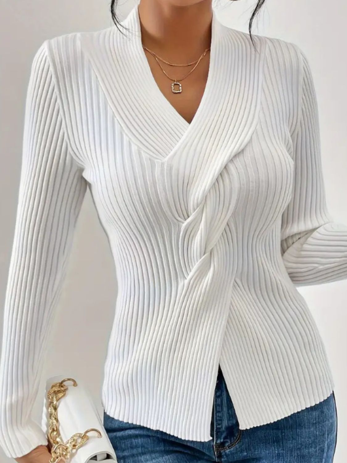 Twist Front Ribbed Long Sleeve Sweater-TOPS / DRESSES-[Adult]-[Female]-2022 Online Blue Zone Planet