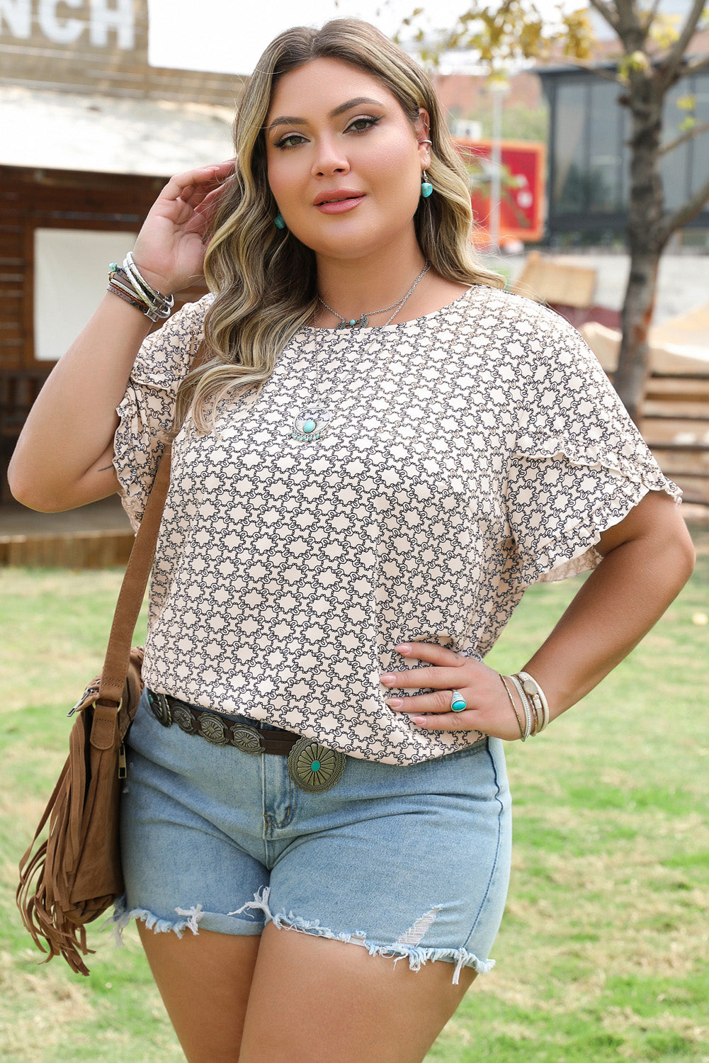 Khaki Plus Size Geometric Print Ruffled Sleeve Blouse-Plus Size/Plus Size Tops/Plus Size Blouses & Shirts-[Adult]-[Female]-2022 Online Blue Zone Planet