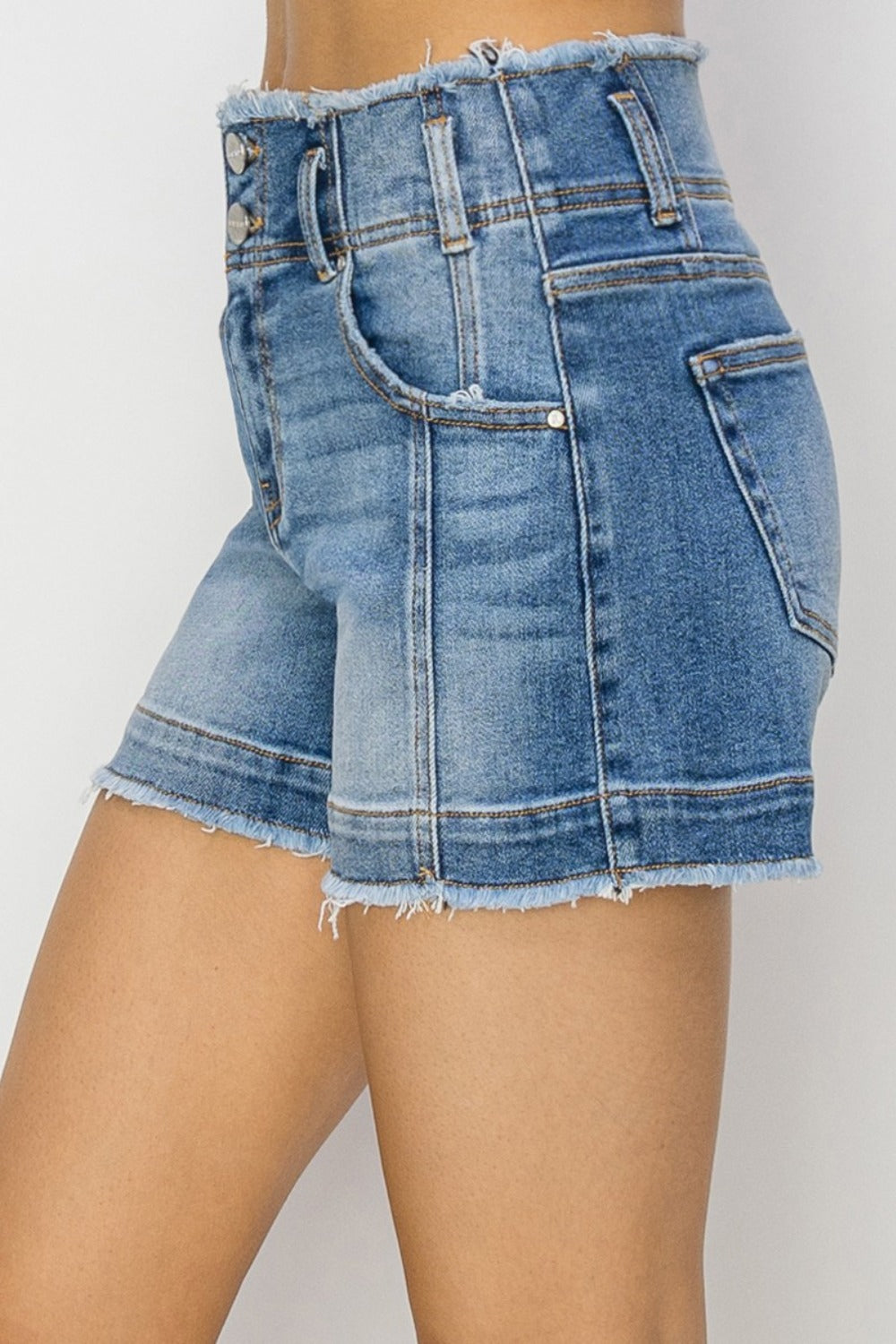 RISEN High Rise Seam Detailed Raw Edge Denim Shorts-BOTTOMS SIZES SMALL MEDIUM LARGE-[Adult]-[Female]-2022 Online Blue Zone Planet