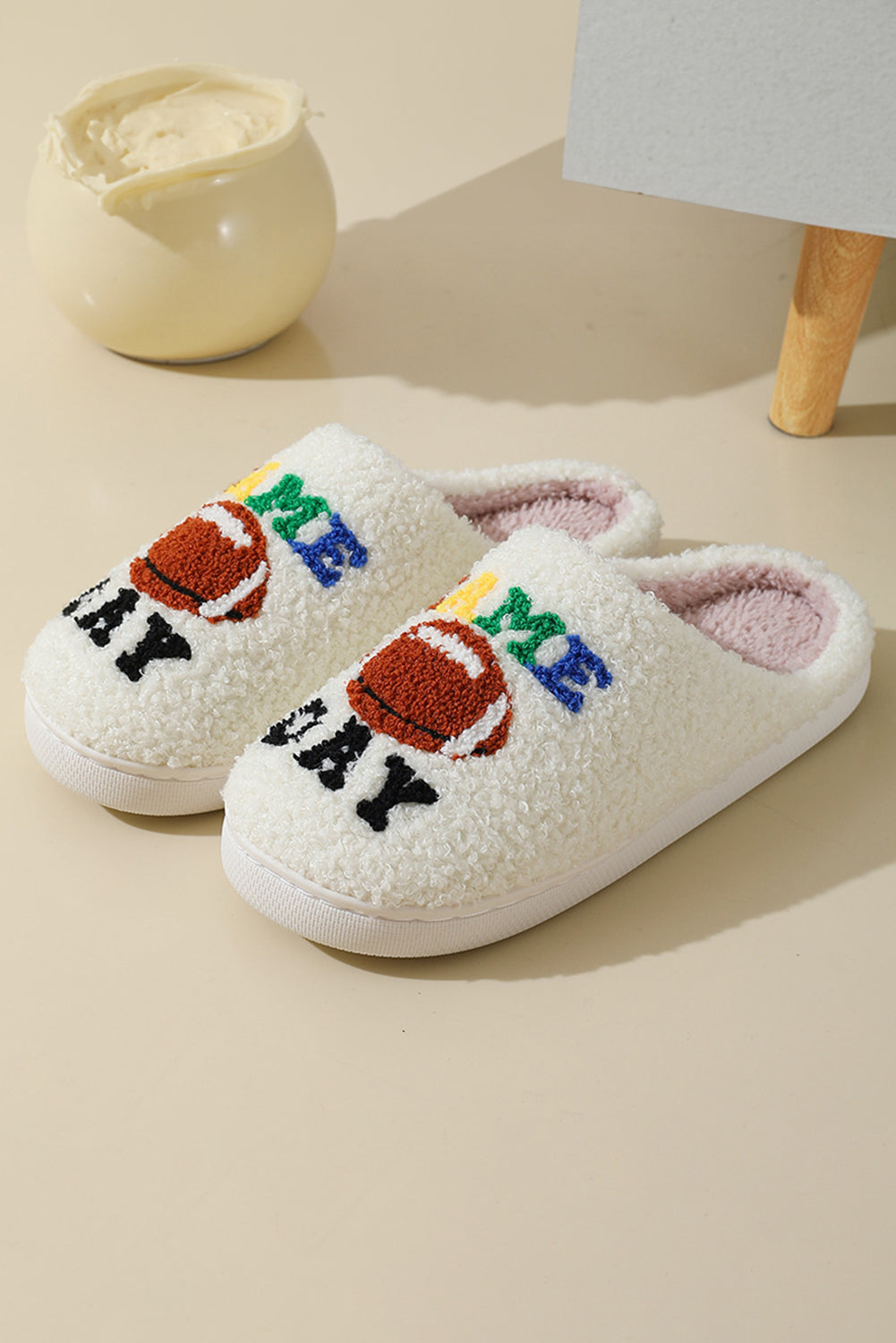 White Game Day Rugby Football Plush Slippers