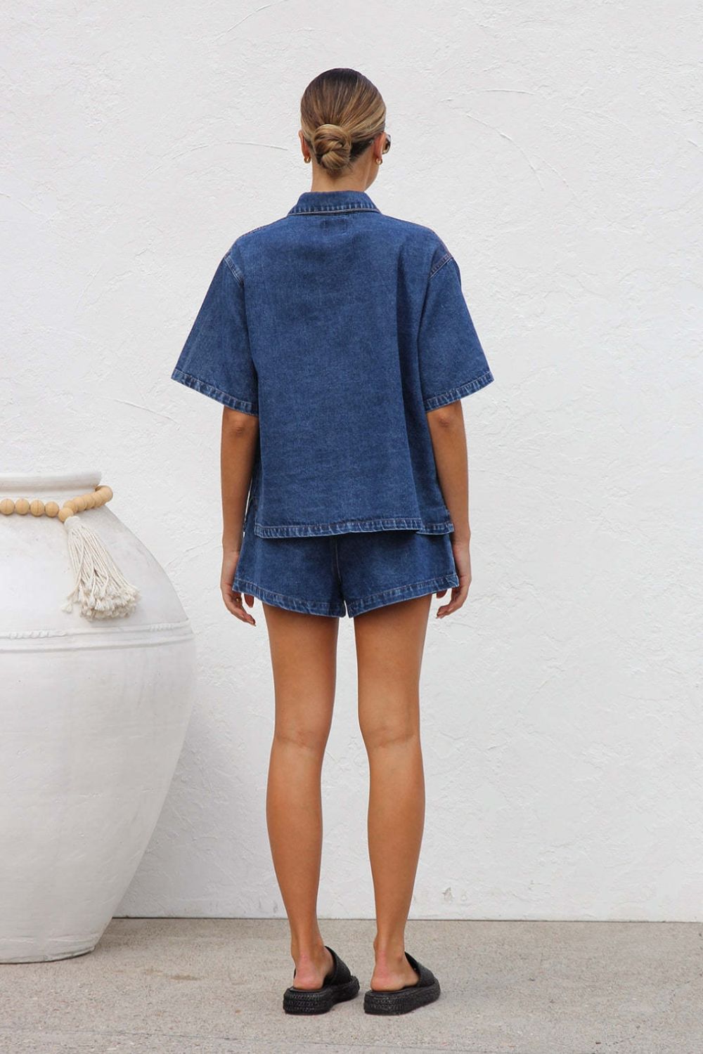 Collared Neck Button Up Top and Shorts Denim Set-TOPS / DRESSES-[Adult]-[Female]-2022 Online Blue Zone Planet