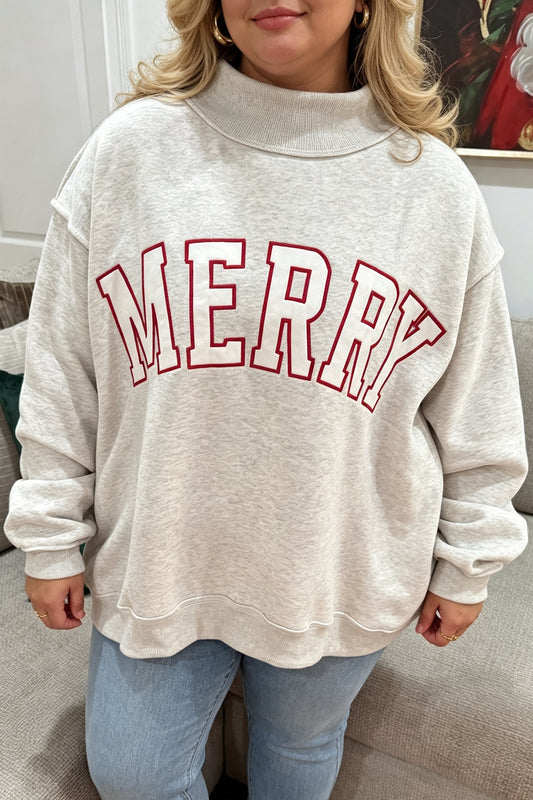 Gray Embroidered Merry Letter Print Mock Neck Plus Size Sweatshirt-Plus Size/Plus Size Sweatshirts & Hoodies-[Adult]-[Female]-Gray-1X-2022 Online Blue Zone Planet