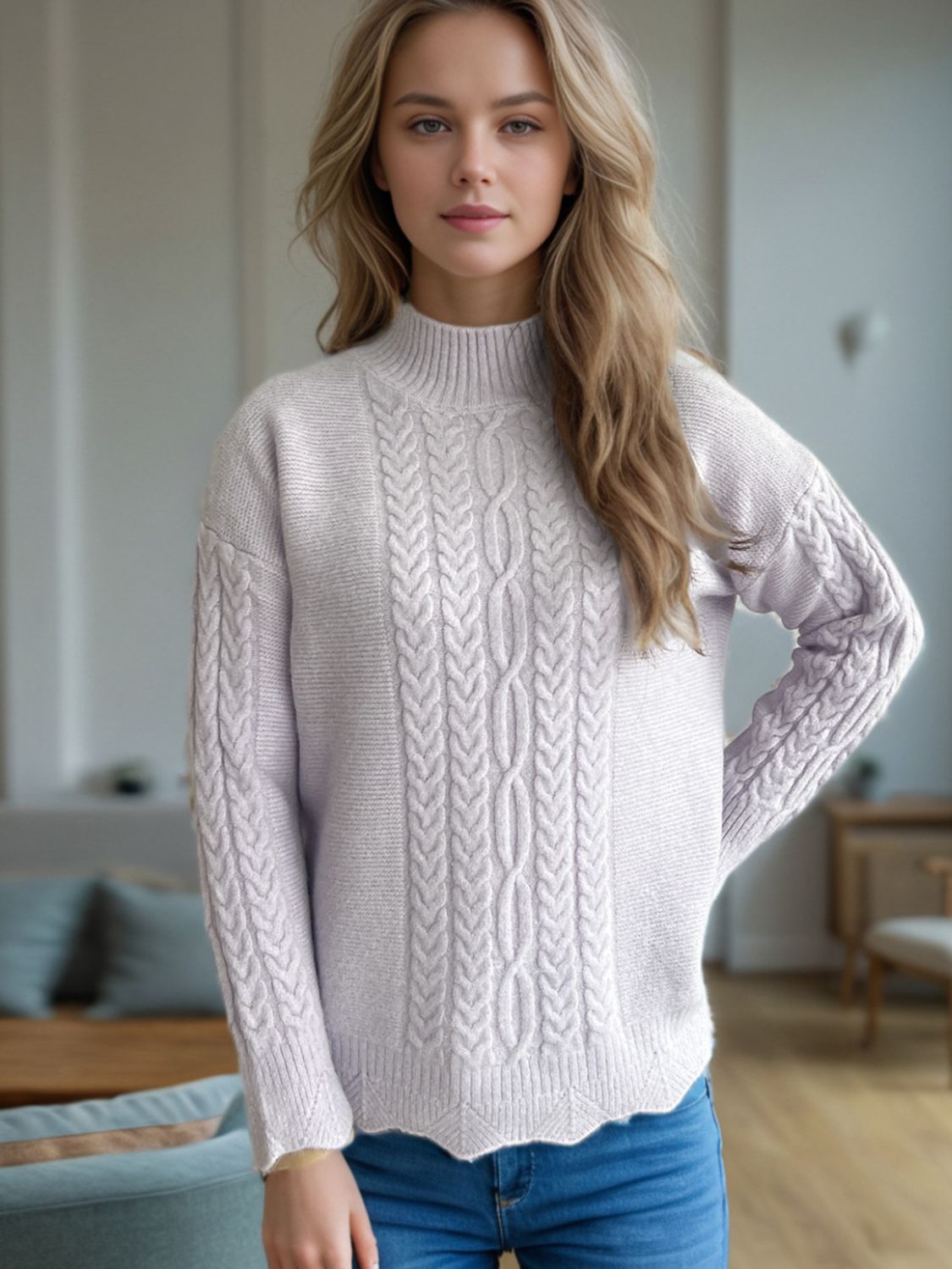 Blue Zone Planet | Cable-Knit Mock Neck Dropped Shoulder Sweater-TOPS / DRESSES-[Adult]-[Female]-Pink Purple-One Size-2022 Online Blue Zone Planet