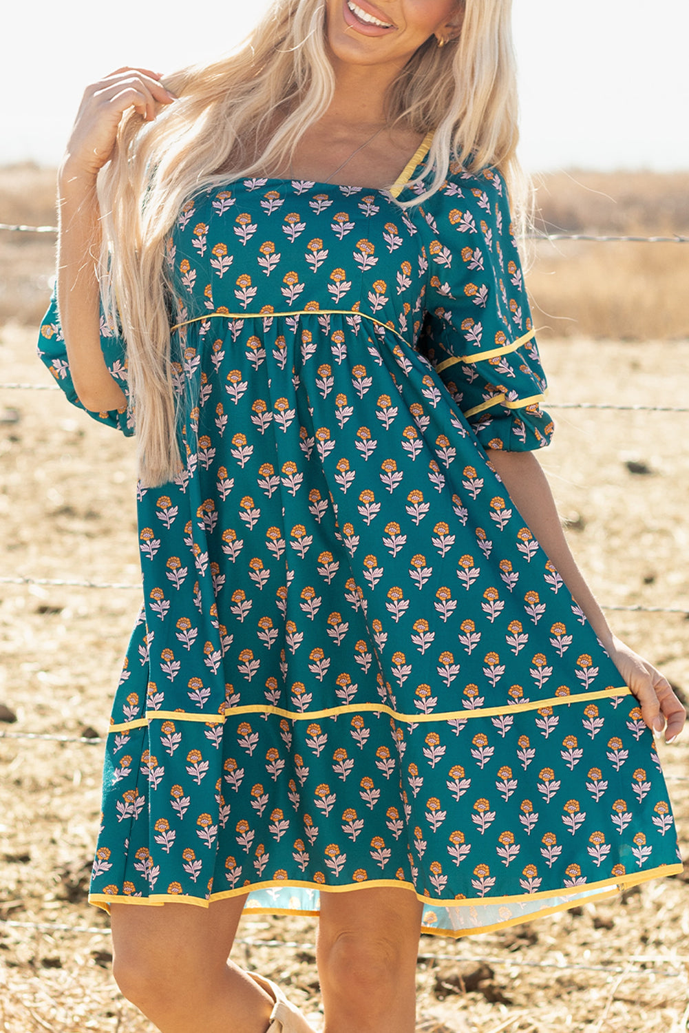 Skobeloff Floral Contrast Trim Square Neck Puff Sleeve Dress-TOPS / DRESSES-[Adult]-[Female]-2022 Online Blue Zone Planet