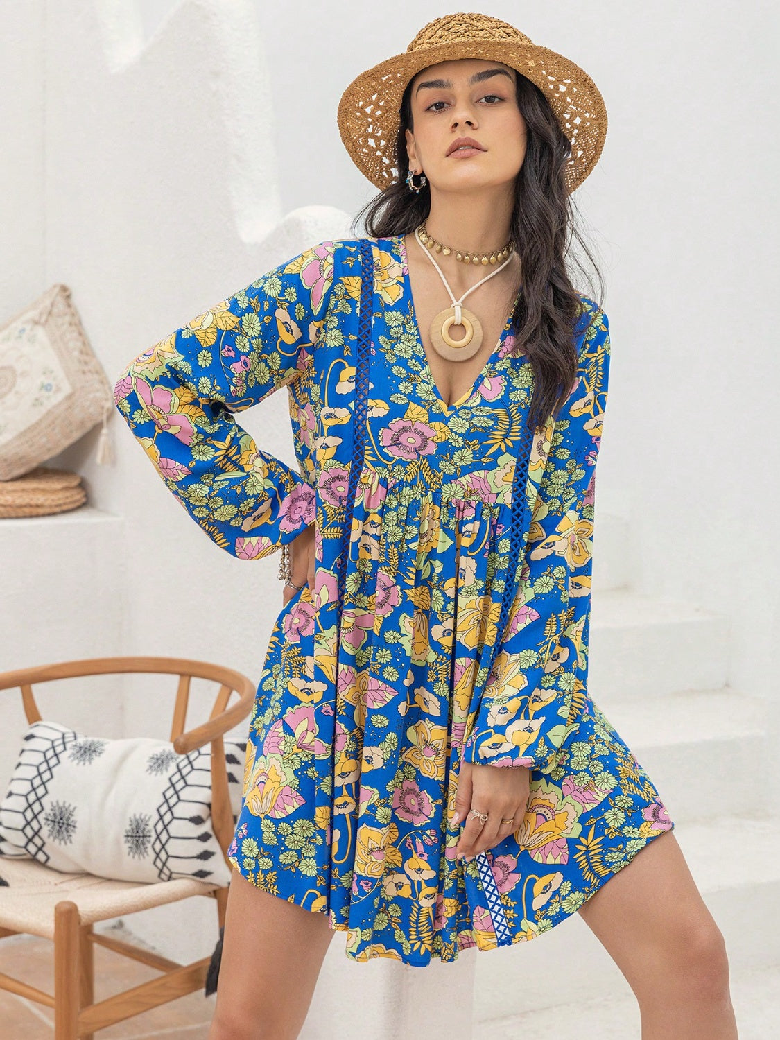 Blue Zone Planet | Printed V-Neck Balloon Sleeve Mini Dress-TOPS / DRESSES-[Adult]-[Female]-2022 Online Blue Zone Planet