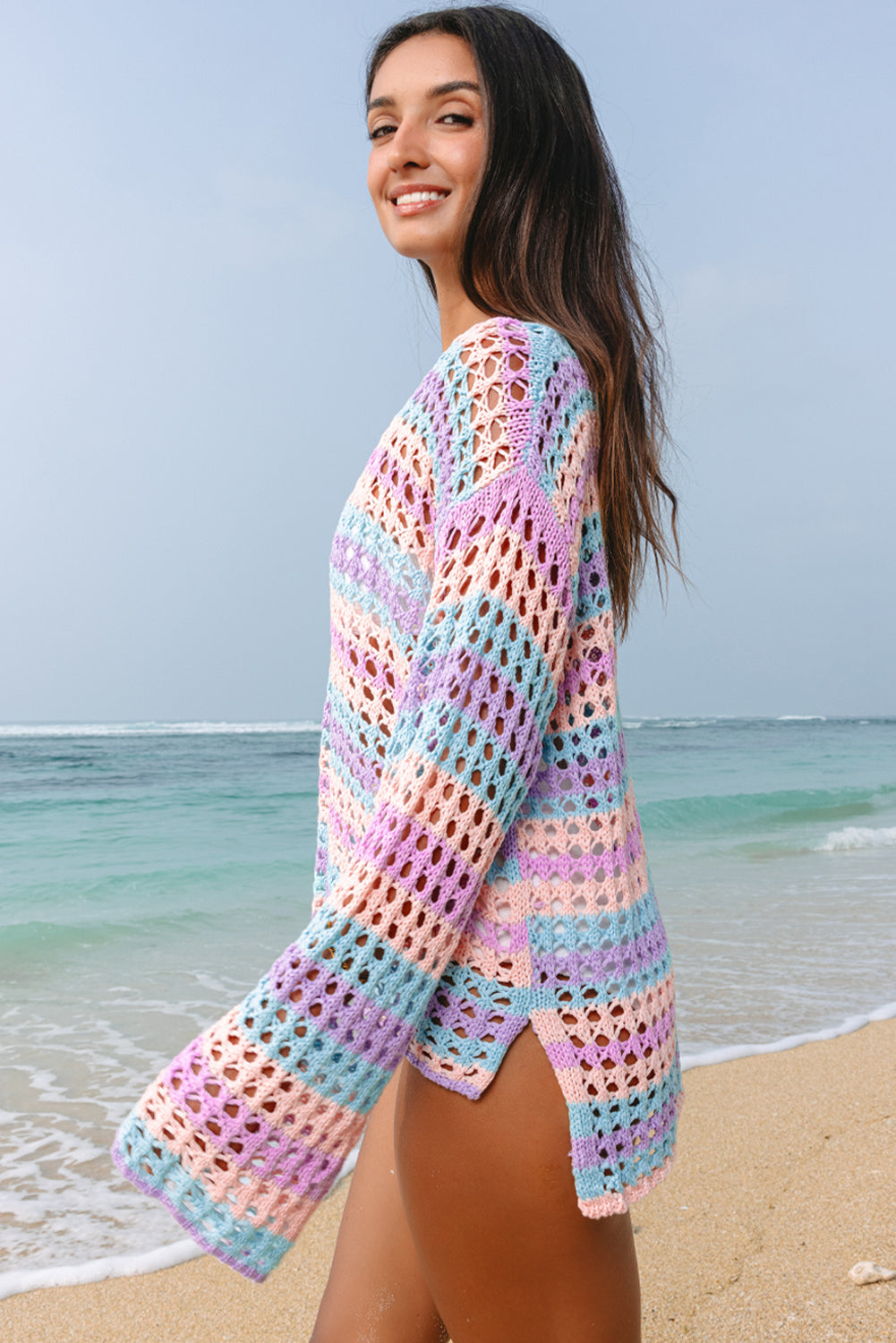 Purple Multi Stripe Open Knit Sweater Beach Cover Up-Swimwear/Beach Cover-ups-[Adult]-[Female]-2022 Online Blue Zone Planet