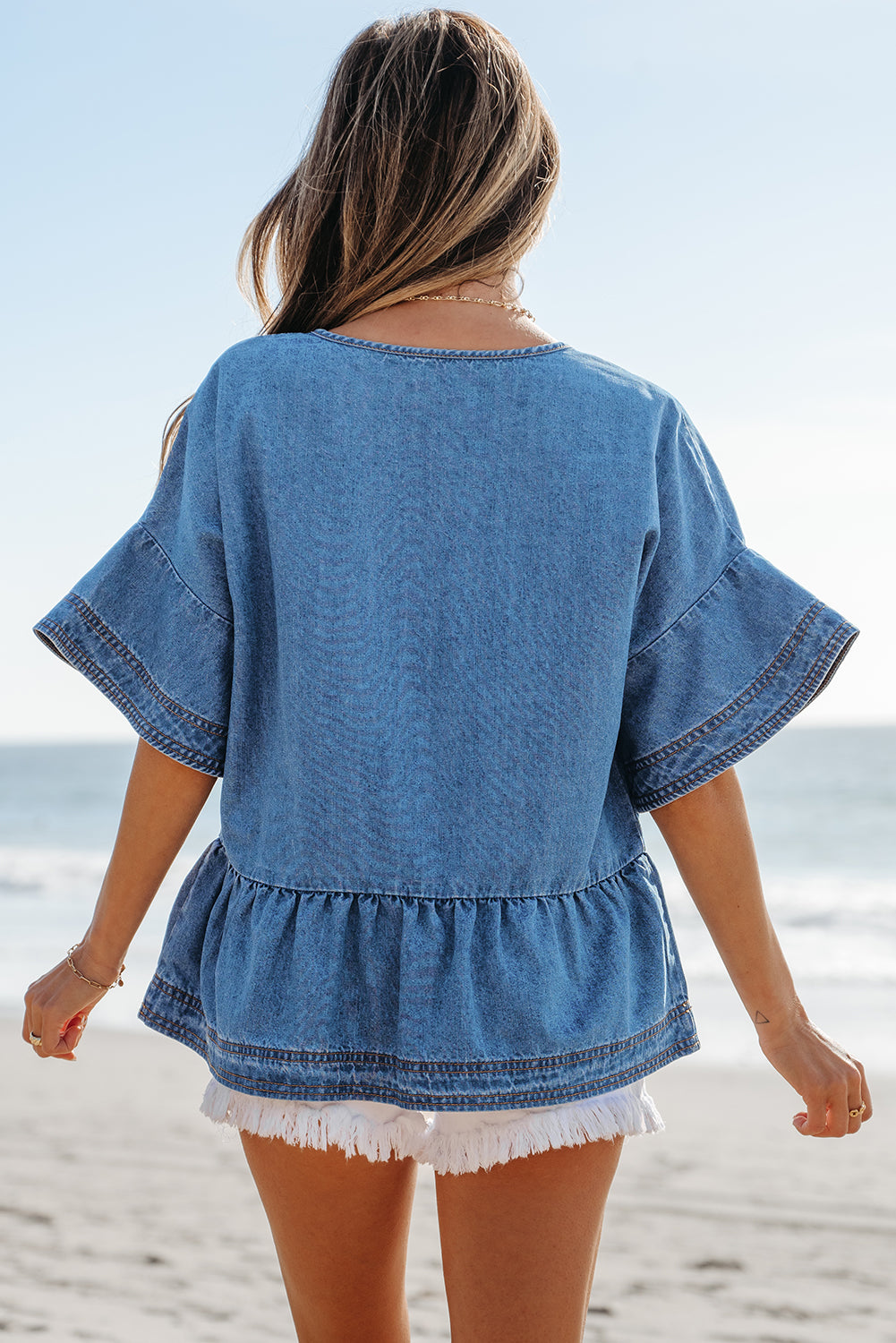 Dusk Blue Denim Ruffled Sleeve Lace up Front Peplum Top-Tops/Bodysuits-[Adult]-[Female]-2022 Online Blue Zone Planet