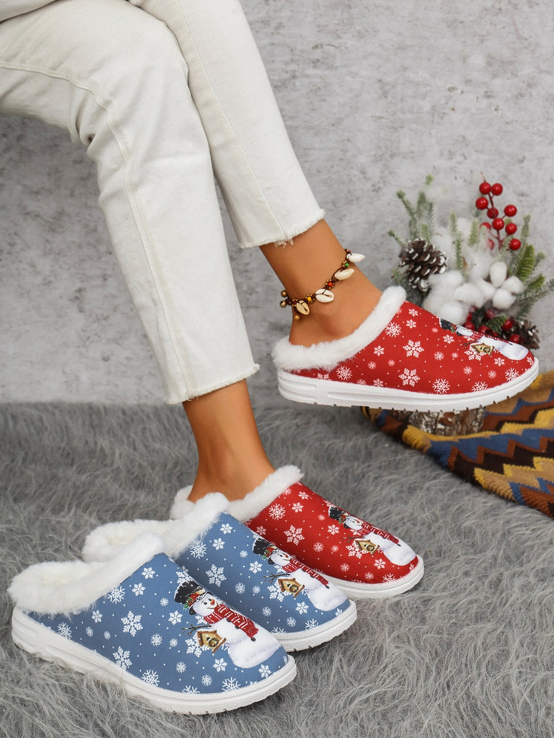 Snowman Print Flat Slippers with Faux Fur-SHOES-[Adult]-[Female]-2022 Online Blue Zone Planet