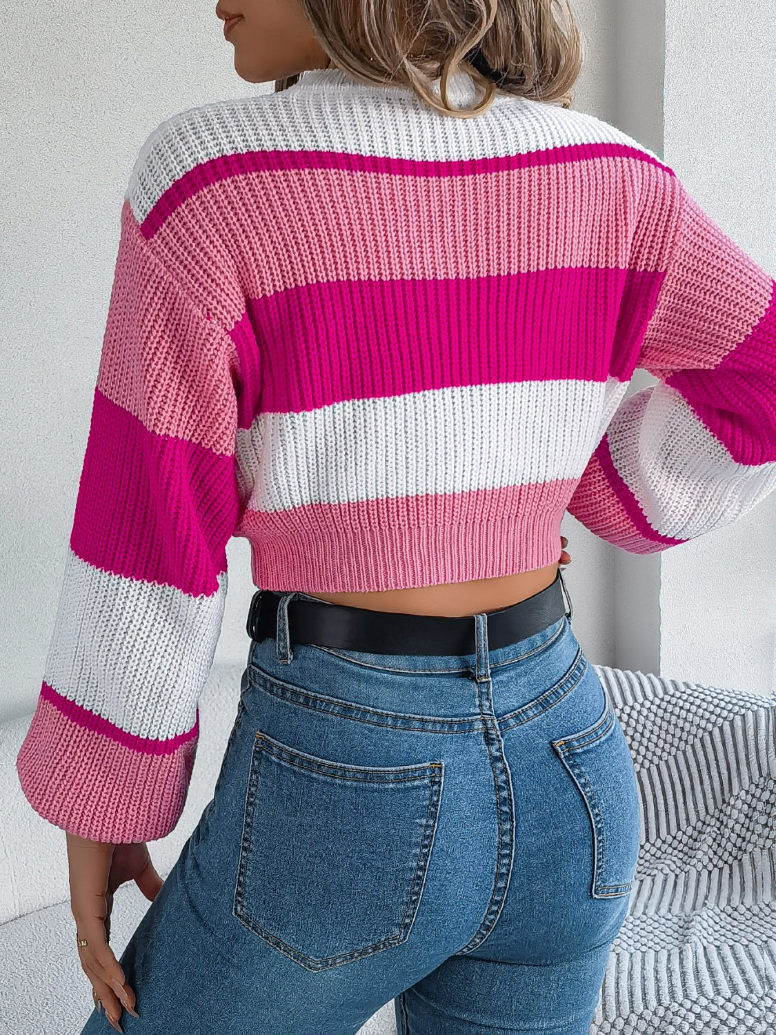 Color Block Round Neck Cropped Sweater-TOPS / DRESSES-[Adult]-[Female]-2022 Online Blue Zone Planet