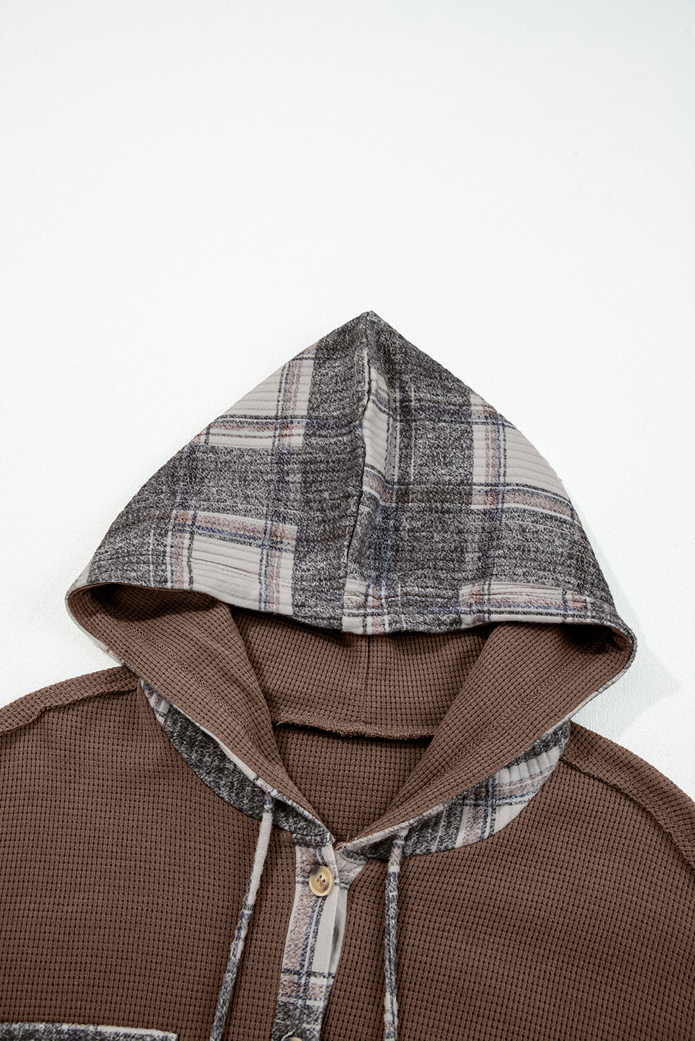Brown Plaid Patchwork Button Down Drawstring Hooded Shacket-Tops / Dresses-[Adult]-[Female]-2022 Online Blue Zone Planet