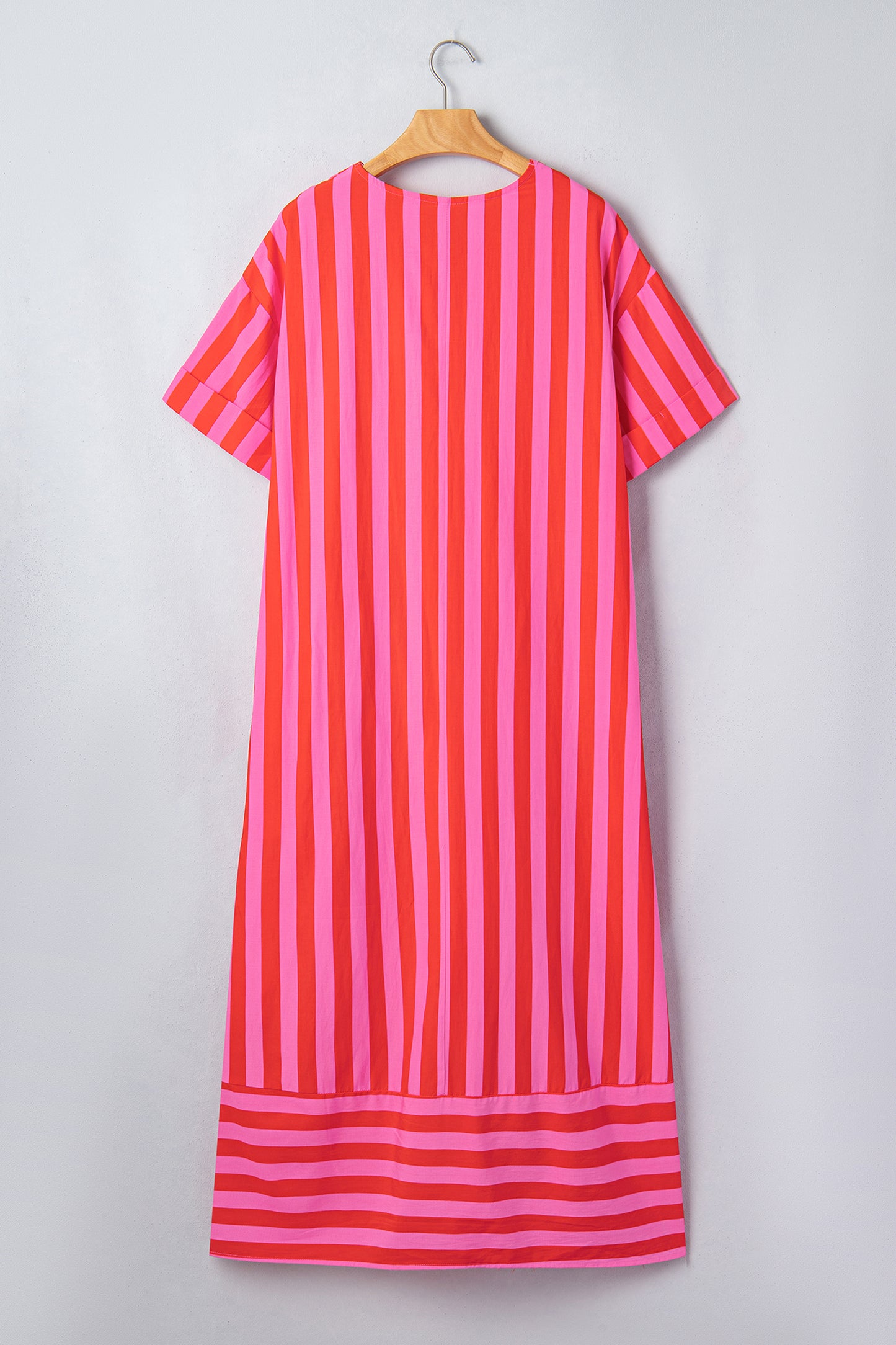 Red Stripe V Neck Cuffed Sleeve Relaxed Split Midi Dress-Dresses/Midi Dresses-[Adult]-[Female]-2022 Online Blue Zone Planet
