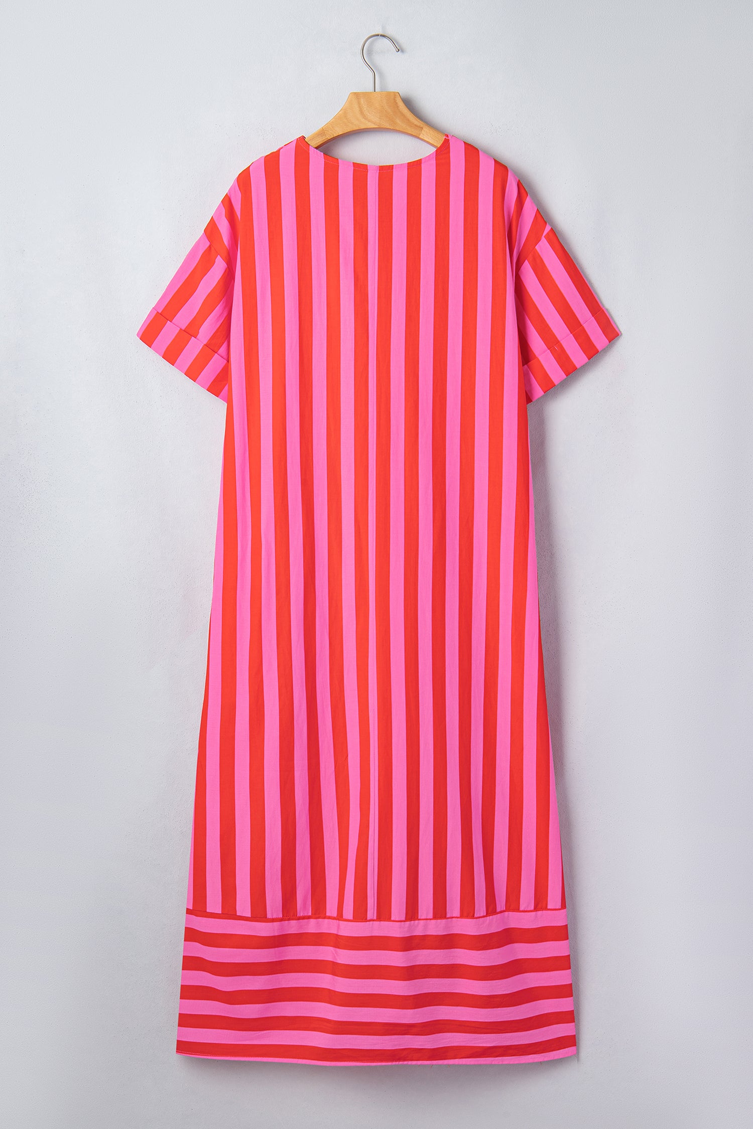 Red Stripe V Neck Cuffed Sleeve Relaxed Split Midi Dress-Dresses/Midi Dresses-[Adult]-[Female]-2022 Online Blue Zone Planet