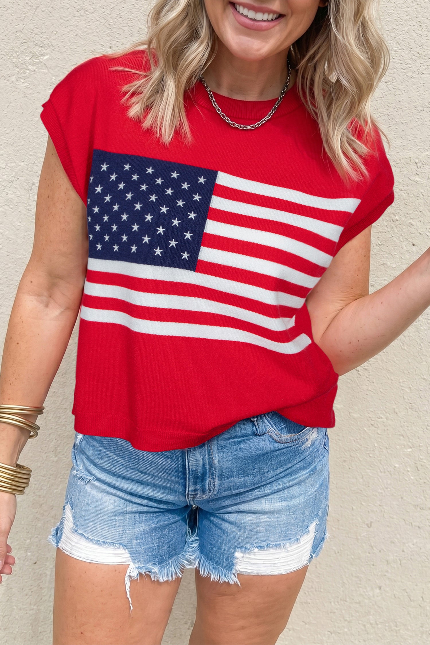 Fiery Red Stars and Stripes Dolman Short Sleeve Sweater-Sweaters & Cardigans/Short Sleeve Sweaters-[Adult]-[Female]-2022 Online Blue Zone Planet
