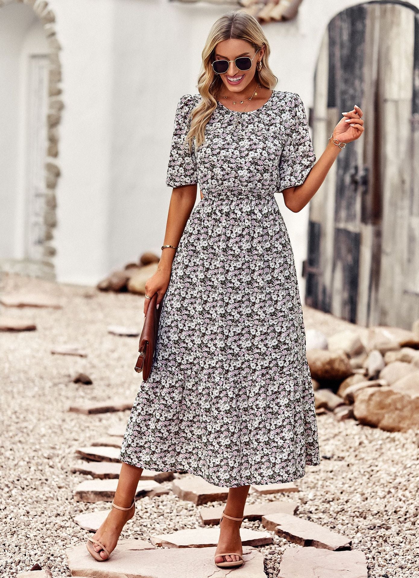 Floral Cutout Puff Sleeve Midi Dress-TOPS / DRESSES-[Adult]-[Female]-2022 Online Blue Zone Planet