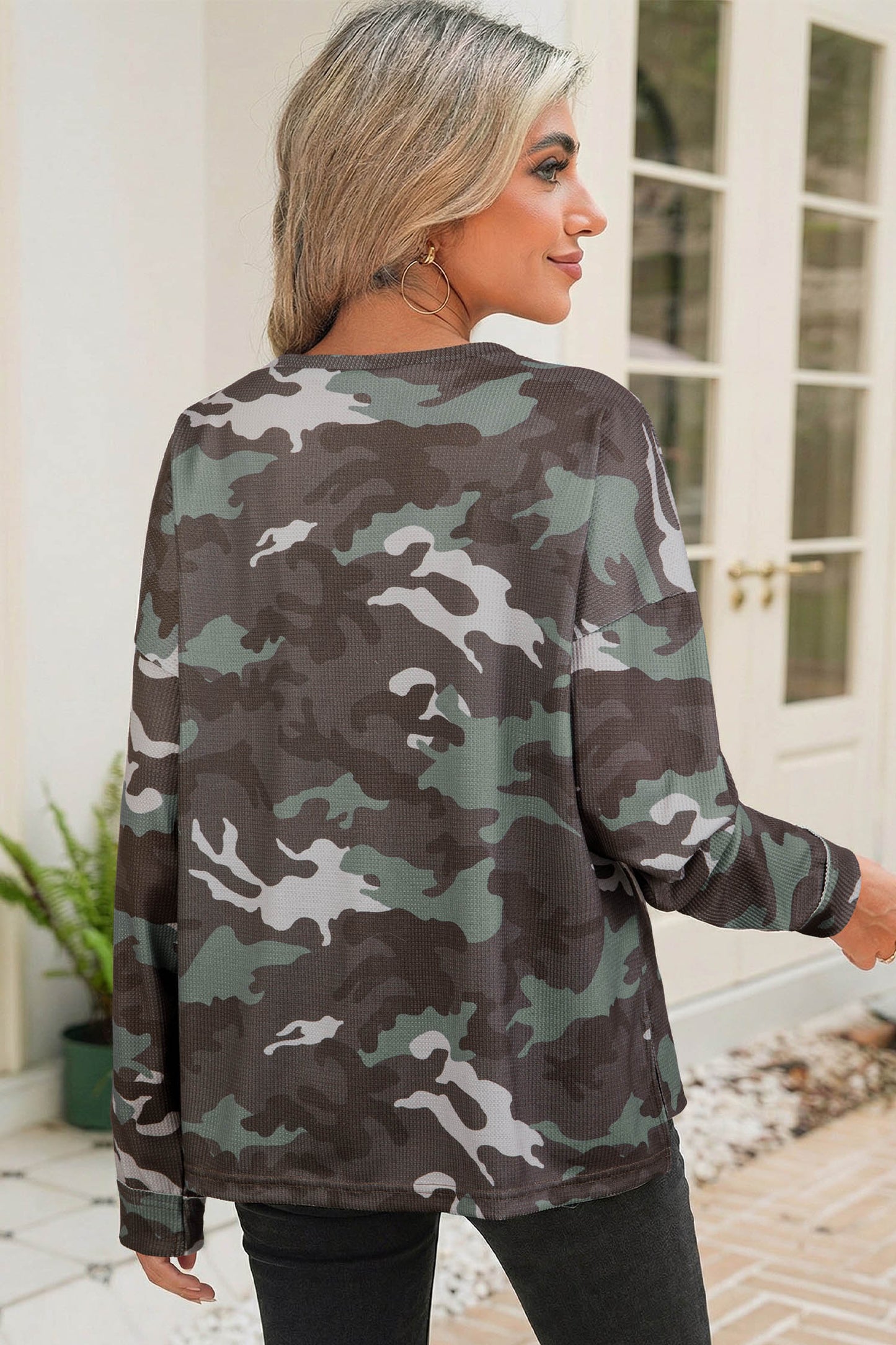 Green Camouflage Print Textured Drop Shoulder Long Sleeve Top-Tops/Long Sleeve Tops-[Adult]-[Female]-2022 Online Blue Zone Planet