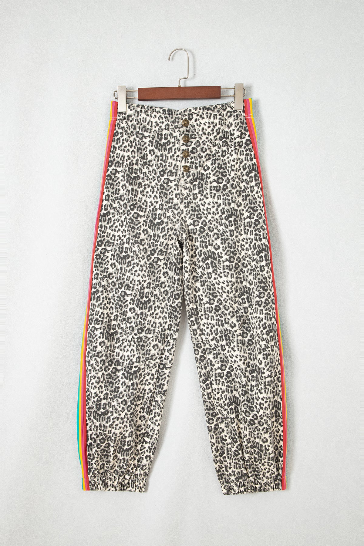 Brown Leopard Print Rainbow Striped Detail Buttoned Loose Jogger Jeans-Bottoms/Jeans-[Adult]-[Female]-2022 Online Blue Zone Planet