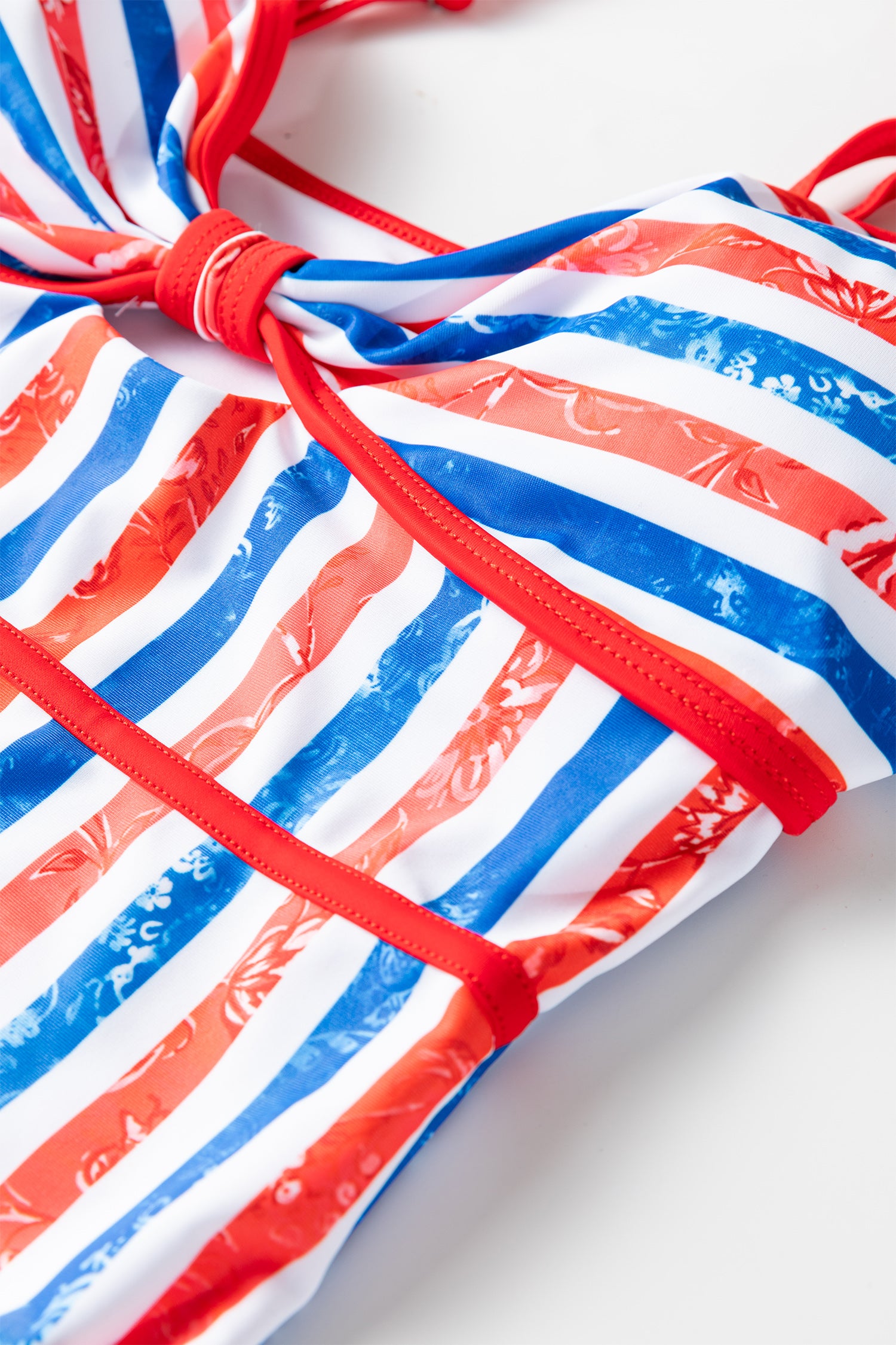 Red July 4th Stripes Star Floral Impression Cutout Spaghetti Straps One Piece Swimsuit-Swimwear/One Piece Swimsuit-[Adult]-[Female]-2022 Online Blue Zone Planet