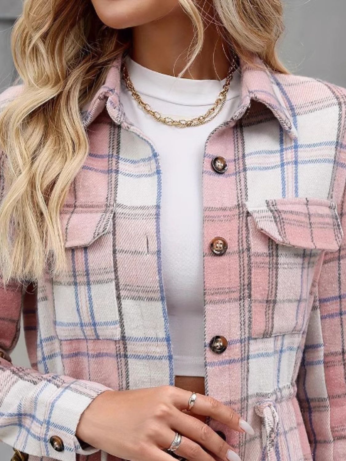 Blue Zone Planet | Drawstring Plaid Button Up Jacket with Chest Pockets-TOPS / DRESSES-[Adult]-[Female]-2022 Online Blue Zone Planet