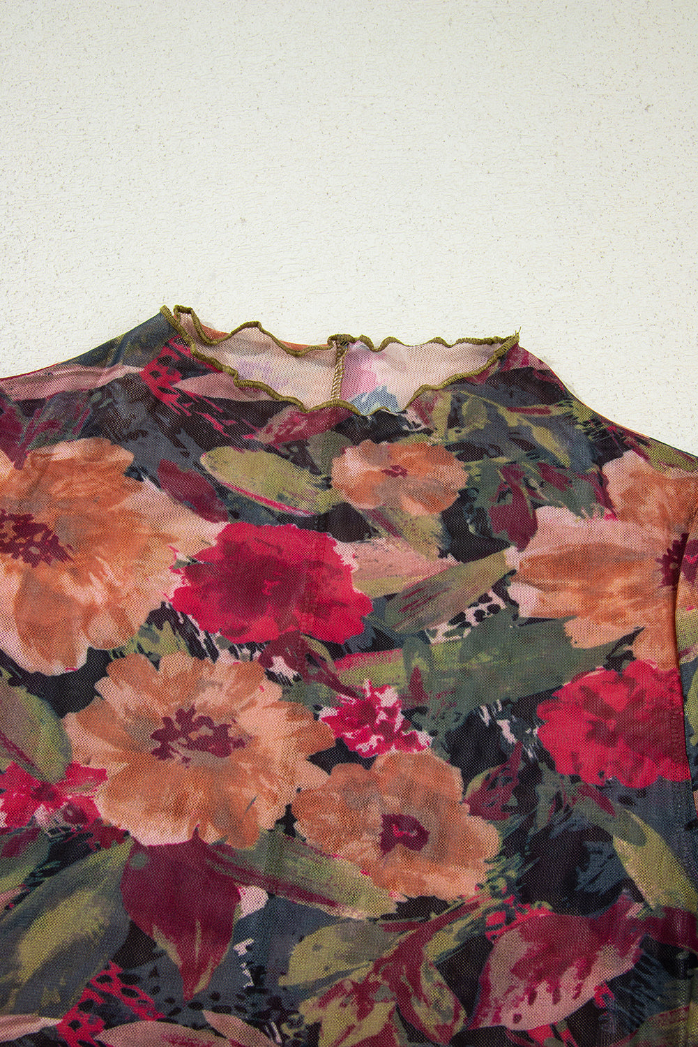 Multicolour Floral Print Lettuce Trim Long Sleeve Mesh Top-Tops/Long Sleeve Tops-[Adult]-[Female]-2022 Online Blue Zone Planet