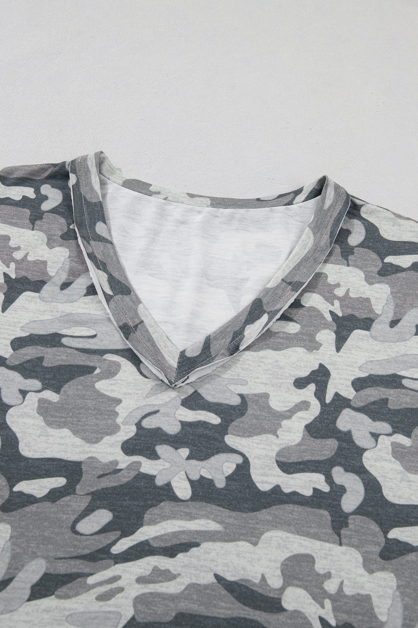 Green Retro Camouflage Print Raw Edge V Neck Tee-Tops/Tops & Tees-[Adult]-[Female]-2022 Online Blue Zone Planet