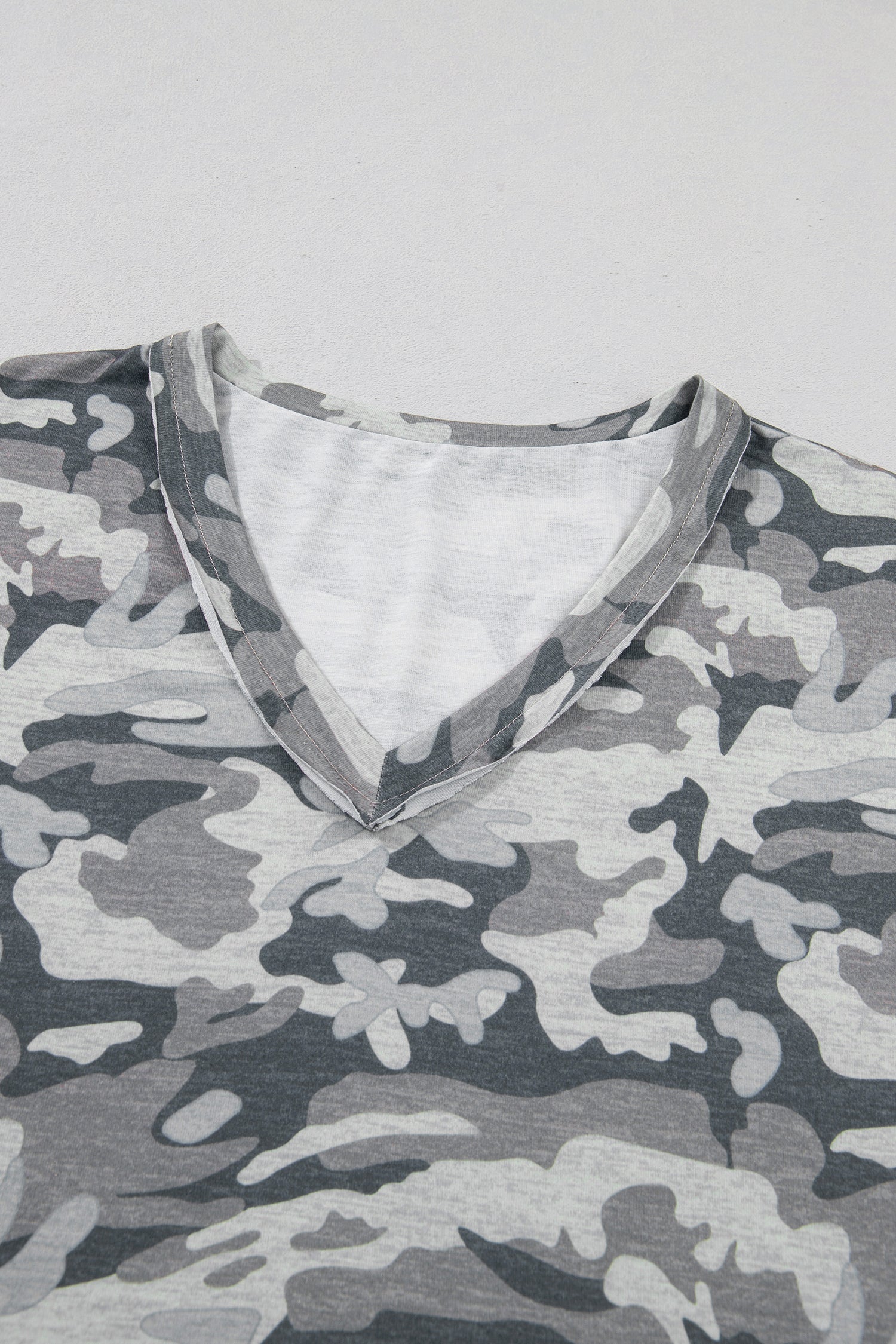 Green Retro Camouflage Print Raw Edge V Neck Tee-Tops/Tops & Tees-[Adult]-[Female]-2022 Online Blue Zone Planet