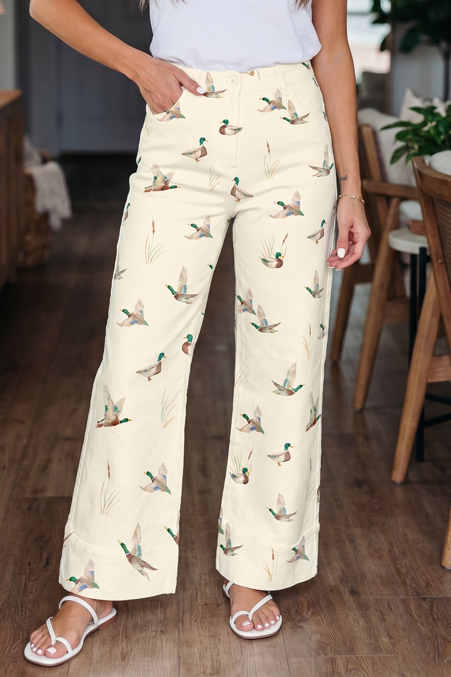 Beige Stylish Mallard Printed Cuffed Hem Shift Jeans-Bottoms/Jeans-[Adult]-[Female]-2022 Online Blue Zone Planet