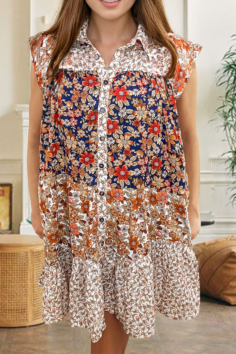 Beige Plus Size Floral Patchwork Button Front Collared Mini Dress-Plus Size/Plus Size Dresses/Plus Size Mini Dresses-[Adult]-[Female]-Beige-1X-2022 Online Blue Zone Planet