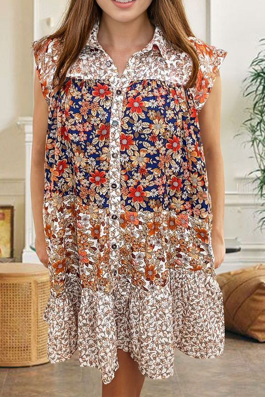 Beige Plus Size Floral Patchwork Button Front Collared Mini Dress-Plus Size/Plus Size Dresses/Plus Size Mini Dresses-[Adult]-[Female]-Beige-1X-2022 Online Blue Zone Planet