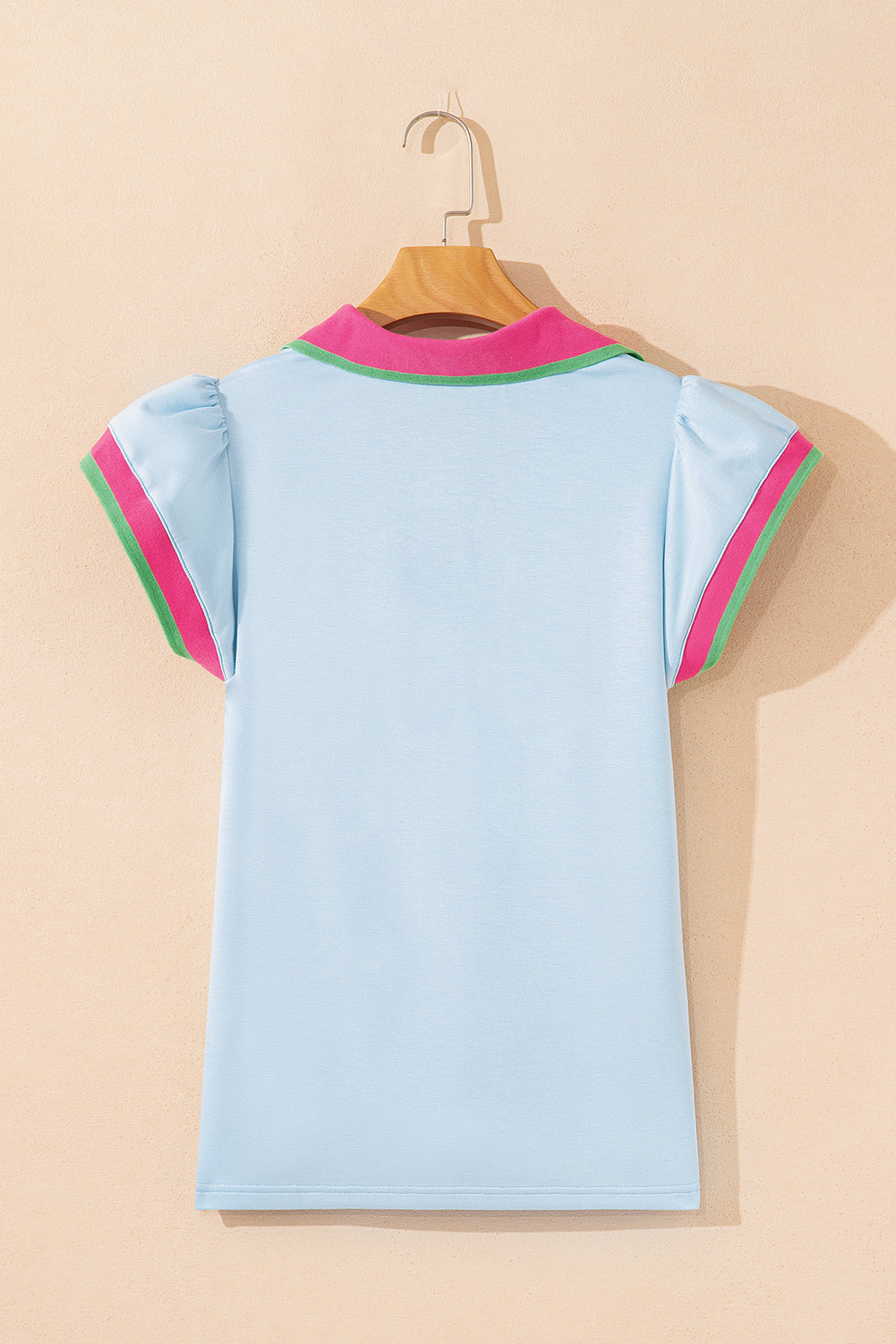 Beau Blue Color Contrast Ruffled Sleeve Collared V Neck Blouse-Tops/Blouses & Shirts-[Adult]-[Female]-2022 Online Blue Zone Planet