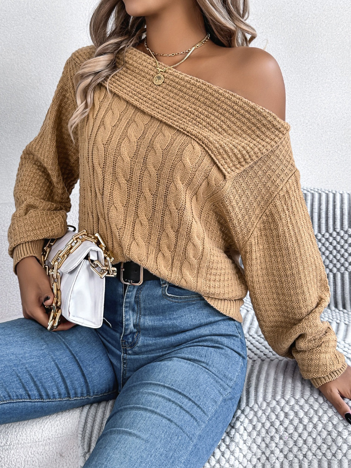 Cable-Knit One Shoulder Long Sleeve Sweater-TOPS / DRESSES-[Adult]-[Female]-2022 Online Blue Zone Planet