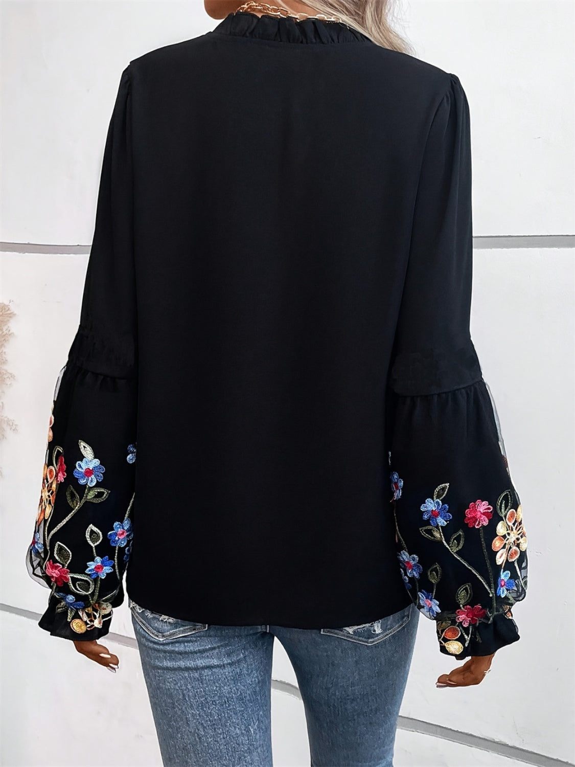 Embroidered Notched Long Sleeve Blouse-TOPS / DRESSES-[Adult]-[Female]-2022 Online Blue Zone Planet