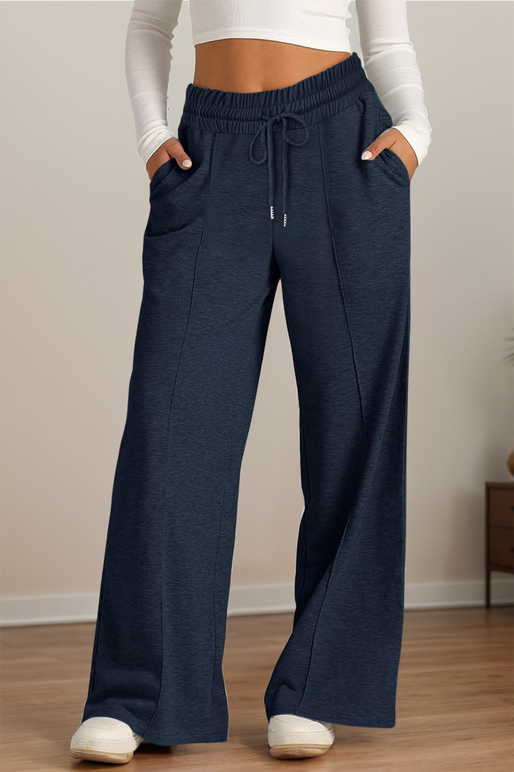 Drawstring Elastic Waist Wide Leg Pants-BOTTOMS SIZES SMALL MEDIUM LARGE-[Adult]-[Female]-Indigo-S-2022 Online Blue Zone Planet