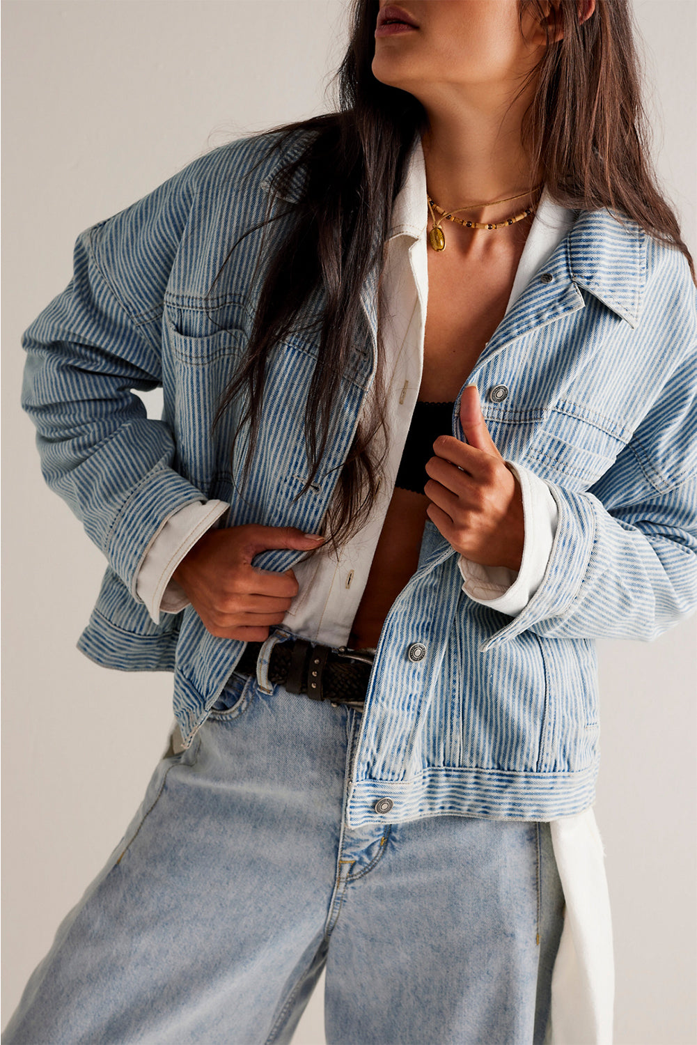 Blue Zone Planet | Sky Blue Stripe Washed Oversized Pocketed Denim Jacket-Jackets-[Adult]-[Female]-2022 Online Blue Zone Planet