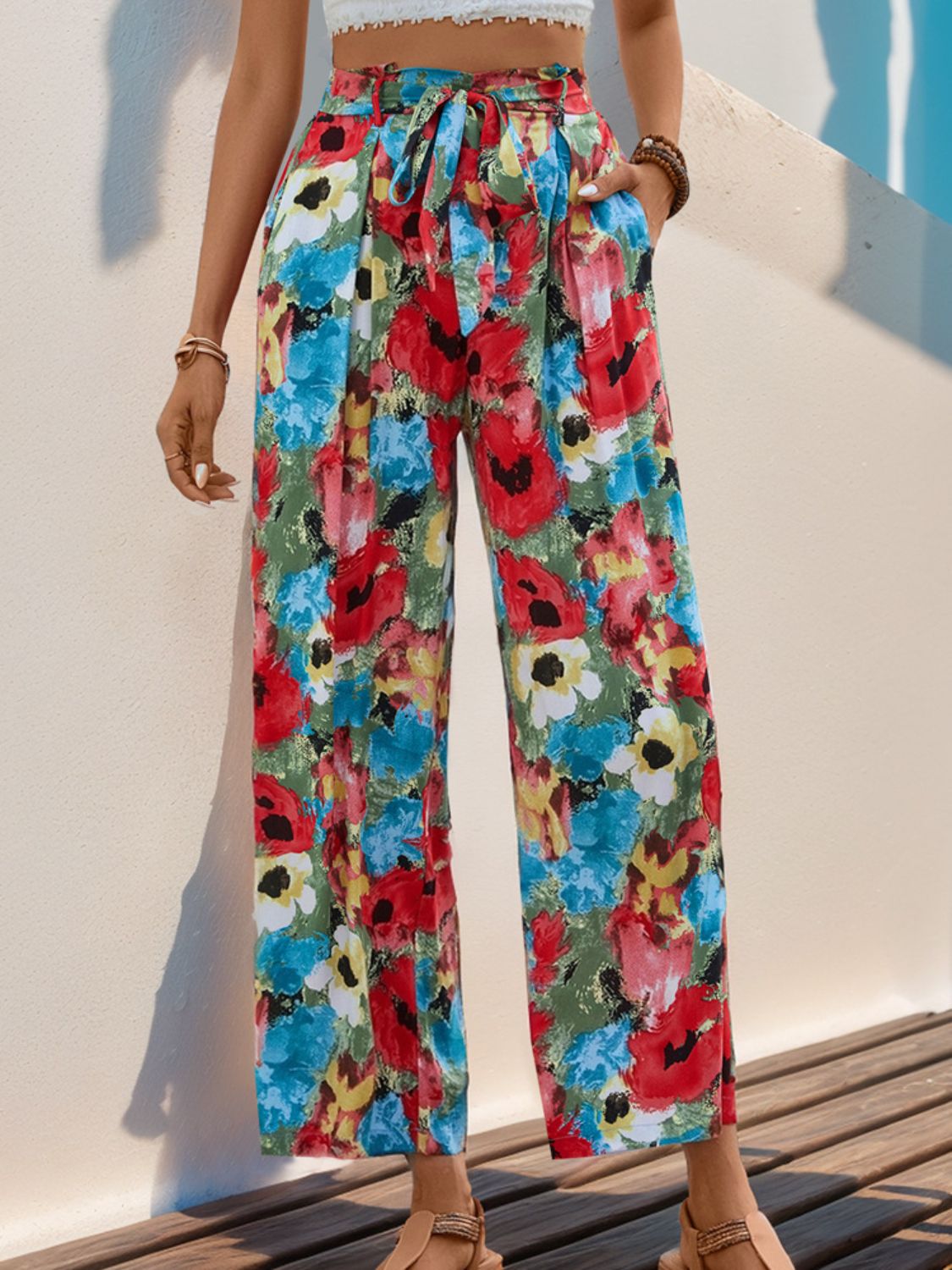 Blue Zone Planet | Perfee Tied Printed Wide Leg Pants-BOTTOMS SIZES SMALL MEDIUM LARGE-[Adult]-[Female]-2022 Online Blue Zone Planet