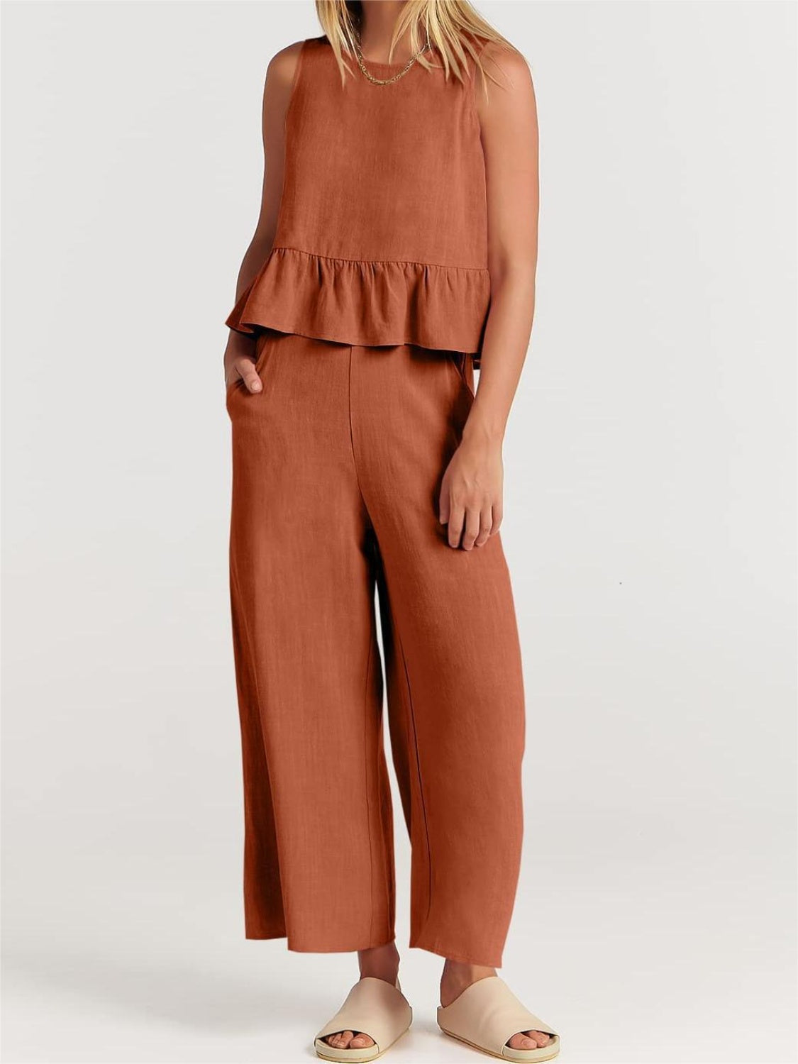 Blue Zone Planet | Full Size Round Neck Top and Wide Leg Pants Set-TOPS / DRESSES-[Adult]-[Female]-Rust-S-2022 Online Blue Zone Planet