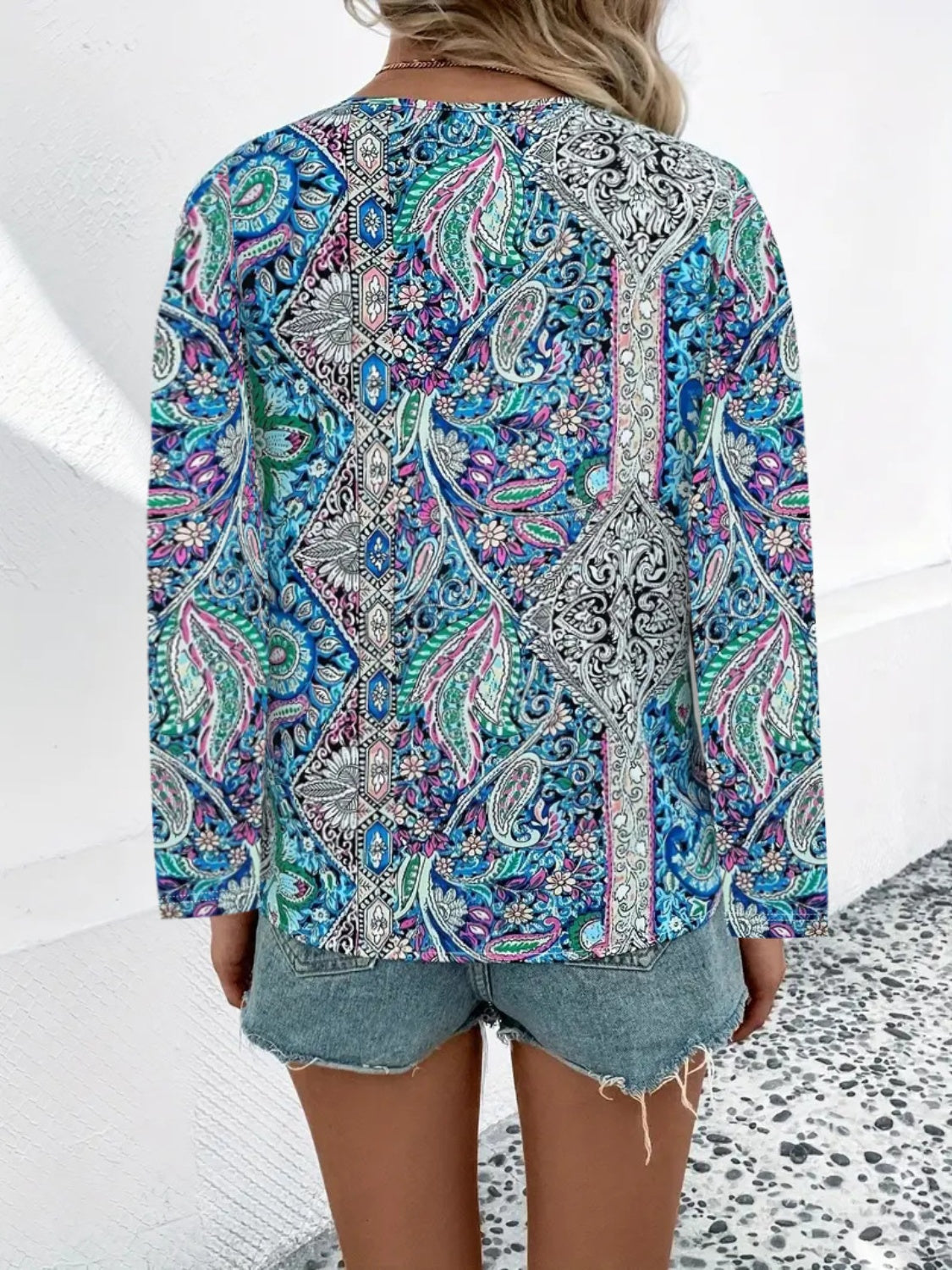 Printed V-Neck Long Sleeve Blouse-TOPS / DRESSES-[Adult]-[Female]-2022 Online Blue Zone Planet