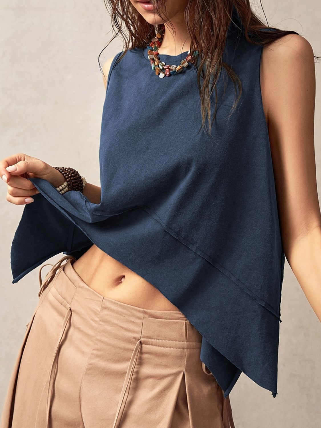 Exposed Seam Side Slit Round Neck Tank-TOPS / DRESSES-[Adult]-[Female]-2022 Online Blue Zone Planet