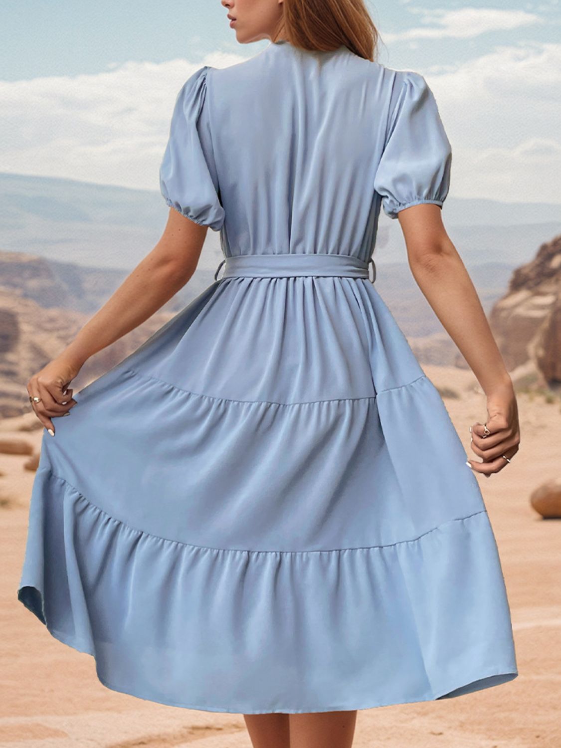 Tie Waist Puff Sleeve Midi Dress-TOPS / DRESSES-[Adult]-[Female]-2022 Online Blue Zone Planet