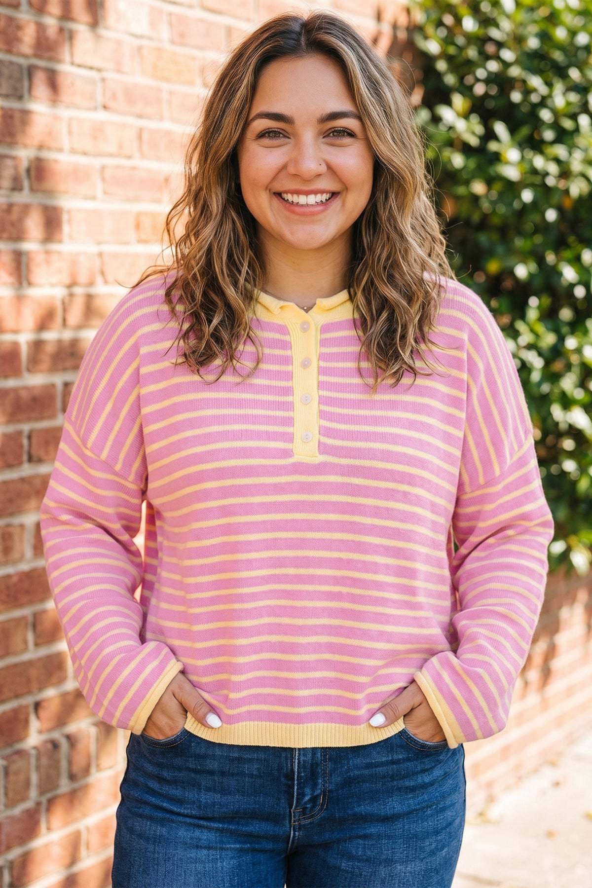 Pink Stripe Striped Colorblock Long Sleeve V Neck Shift Plus Size Sweater