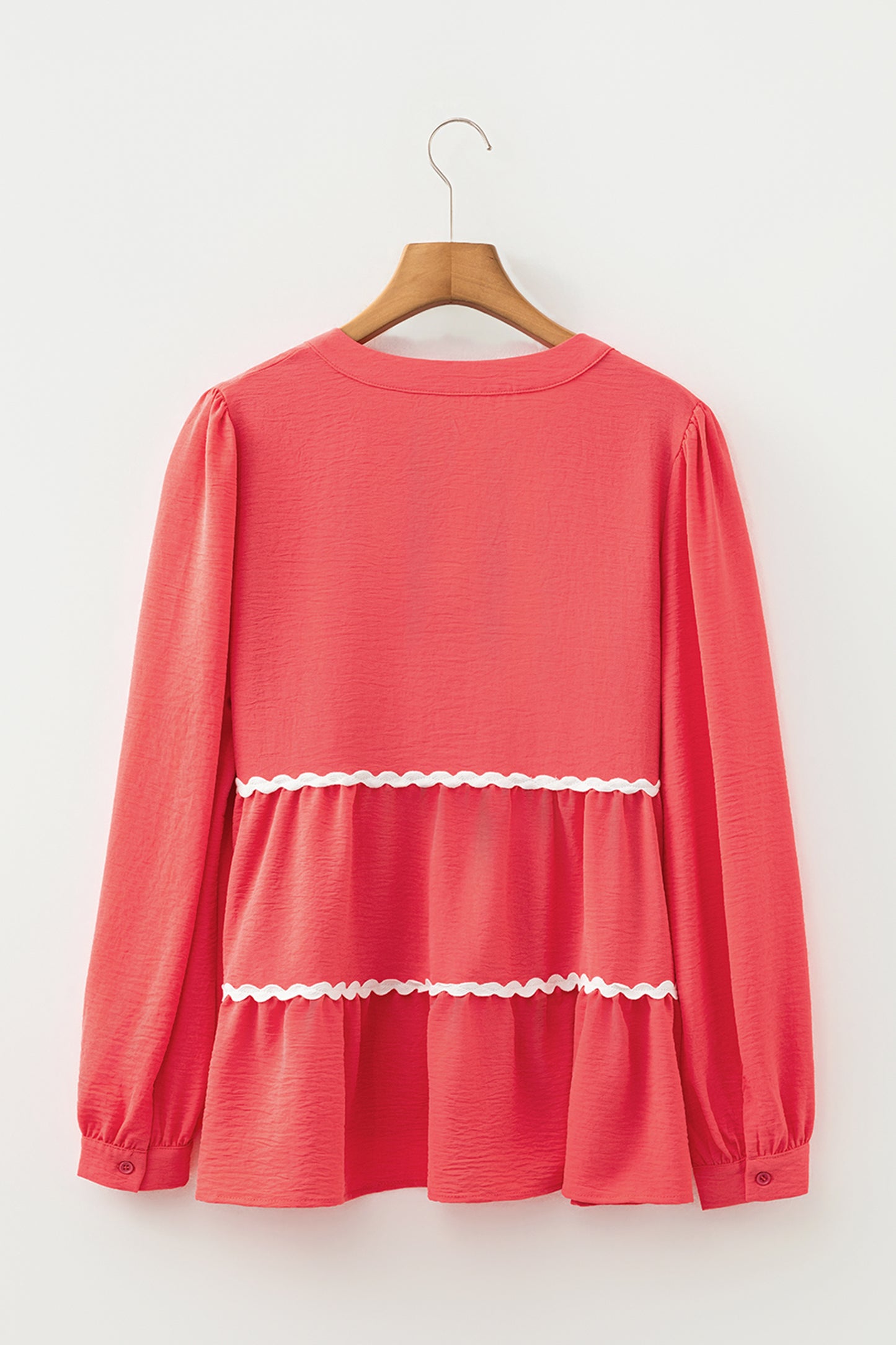 Coral Contrast Ricrac Trim V Neck Button Down Long Sleeve Shirt-Tops/Blouses & Shirts-[Adult]-[Female]-2022 Online Blue Zone Planet