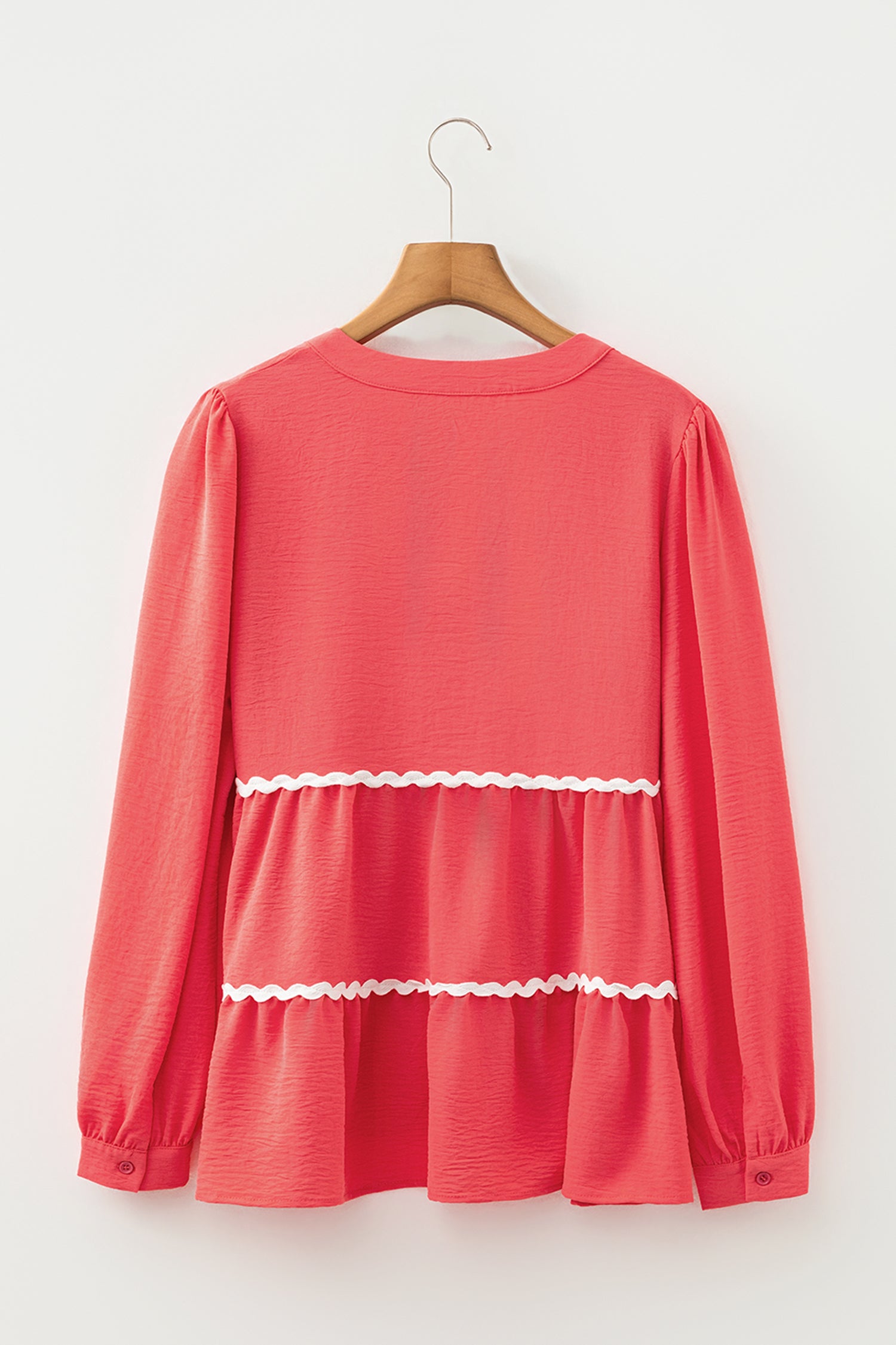 Coral Contrast Ricrac Trim V Neck Button Down Long Sleeve Shirt-Tops/Blouses & Shirts-[Adult]-[Female]-2022 Online Blue Zone Planet