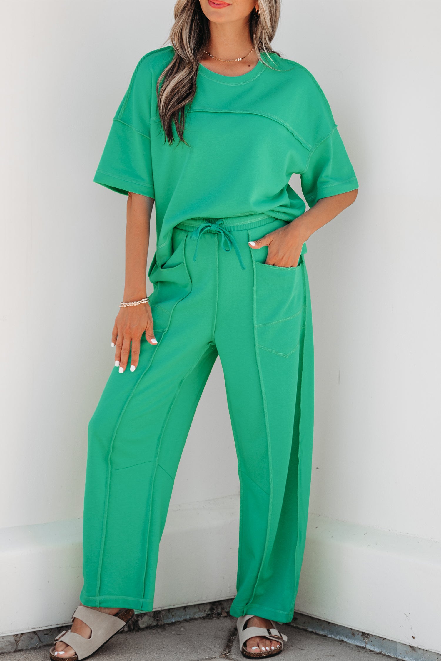 Sky Blue Drop Shoulder Boxy Tee and Barrel Pants Set-Two Piece Sets/Pant Sets-[Adult]-[Female]-2022 Online Blue Zone Planet
