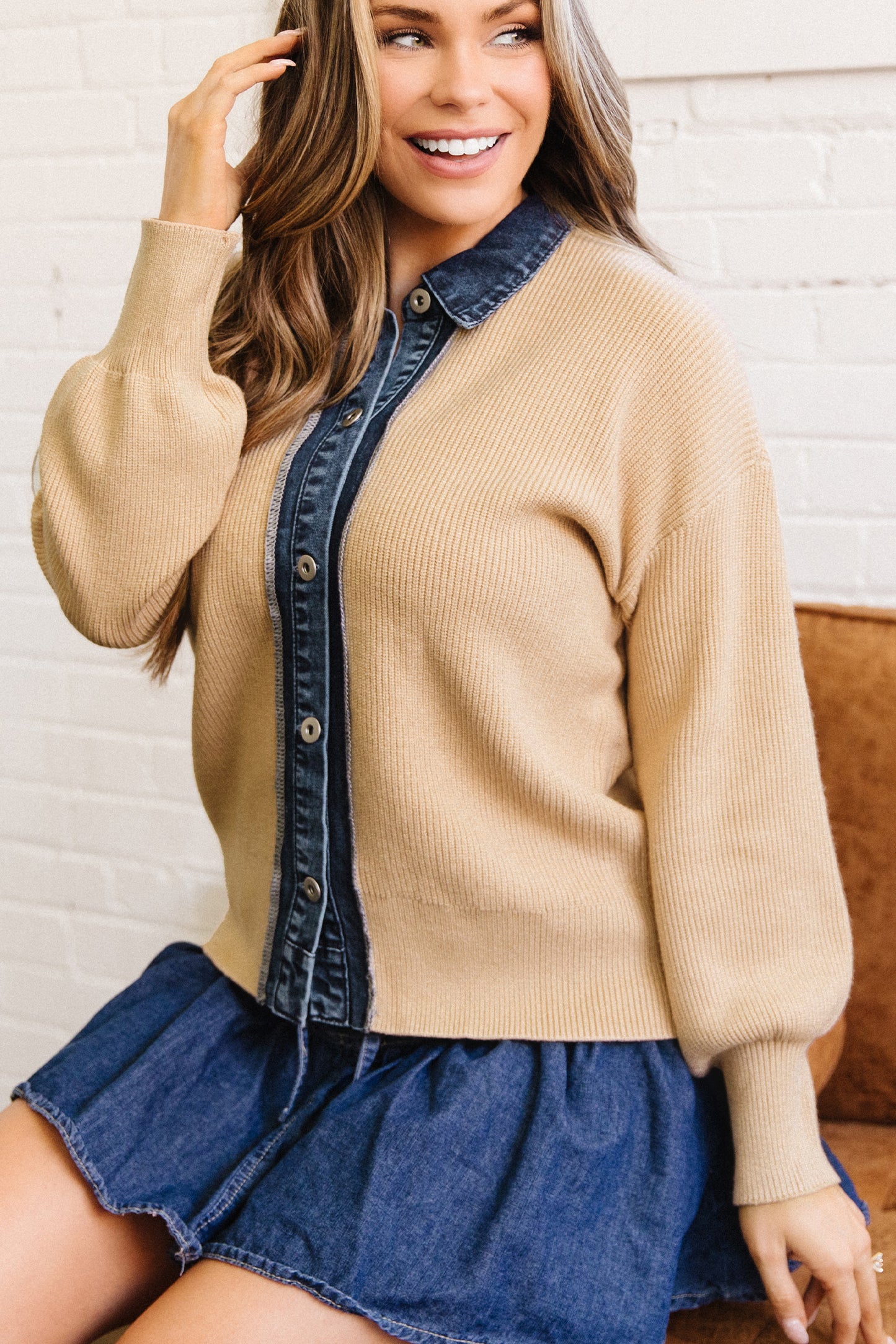 Parchment Drop Shoulder Placket Paneling Shirt Collar Long Sleeve Cardigan-Sweaters & Cardigans/Cardigans-[Adult]-[Female]-2022 Online Blue Zone Planet